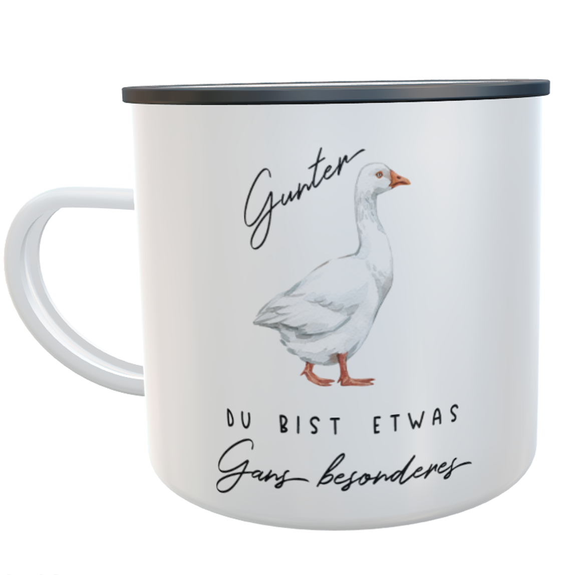 Personalisierte Emailletasse mit Name & Gans – „Du bist etwas Gans Besonderes“ – 300 ml