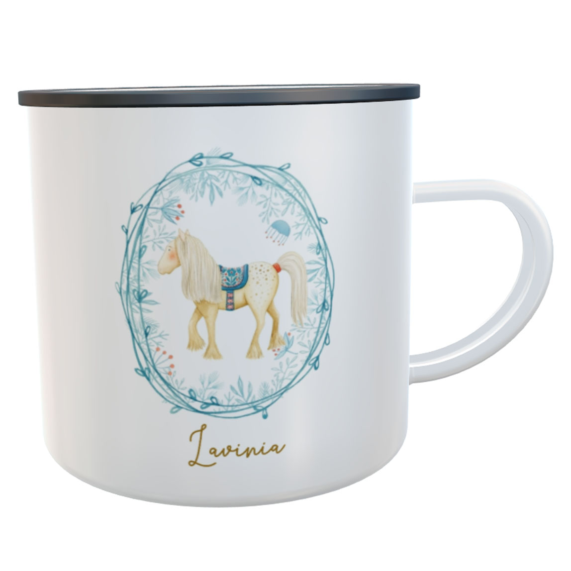 Emaillebecher Weihnachts-Pferd Tasse Schweden mit Name