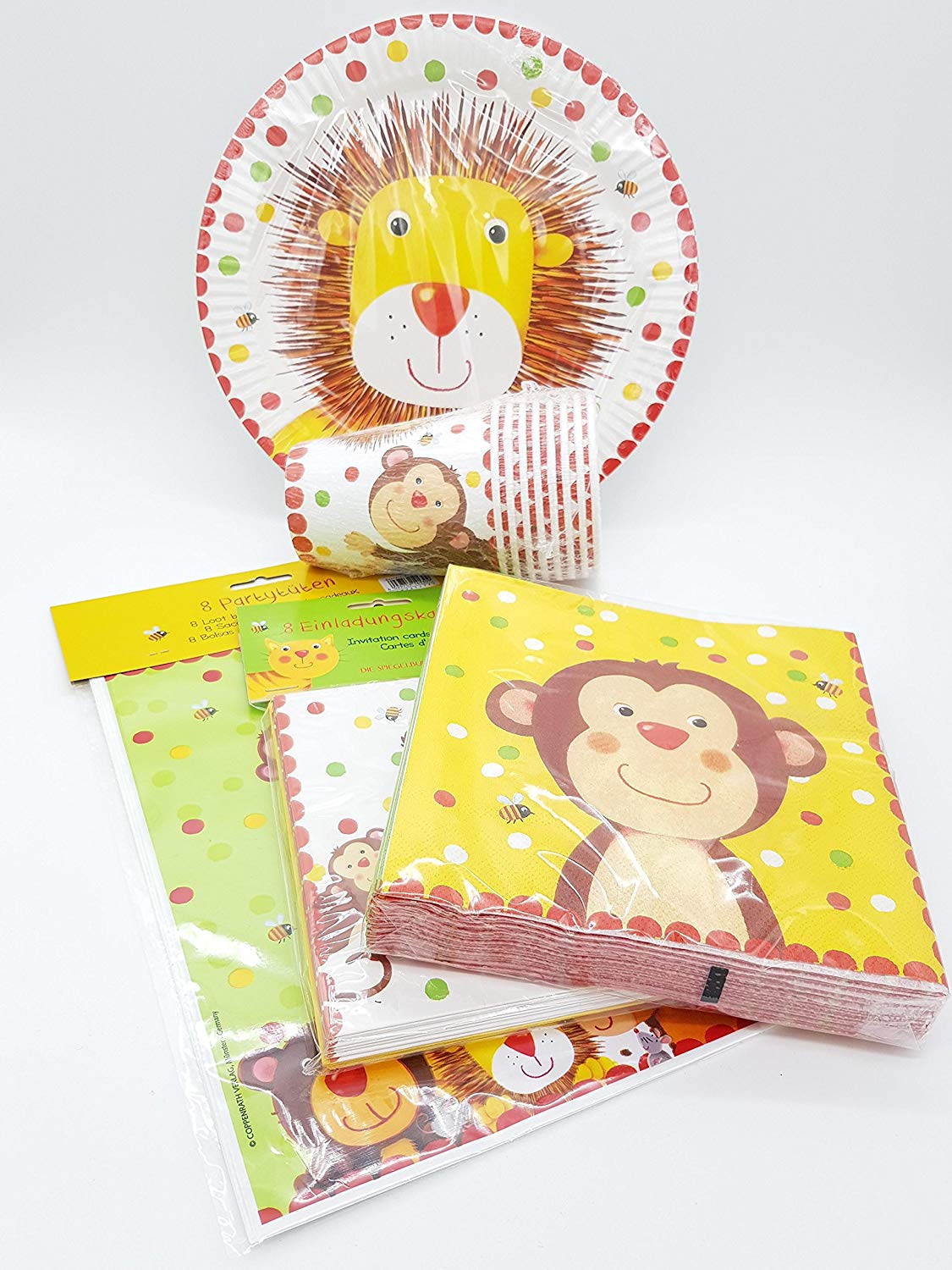 Kinder Partyset Tiere – 52-teiliges Set mit Tellern, Bechern, Servietten, Einladungen & Tüten