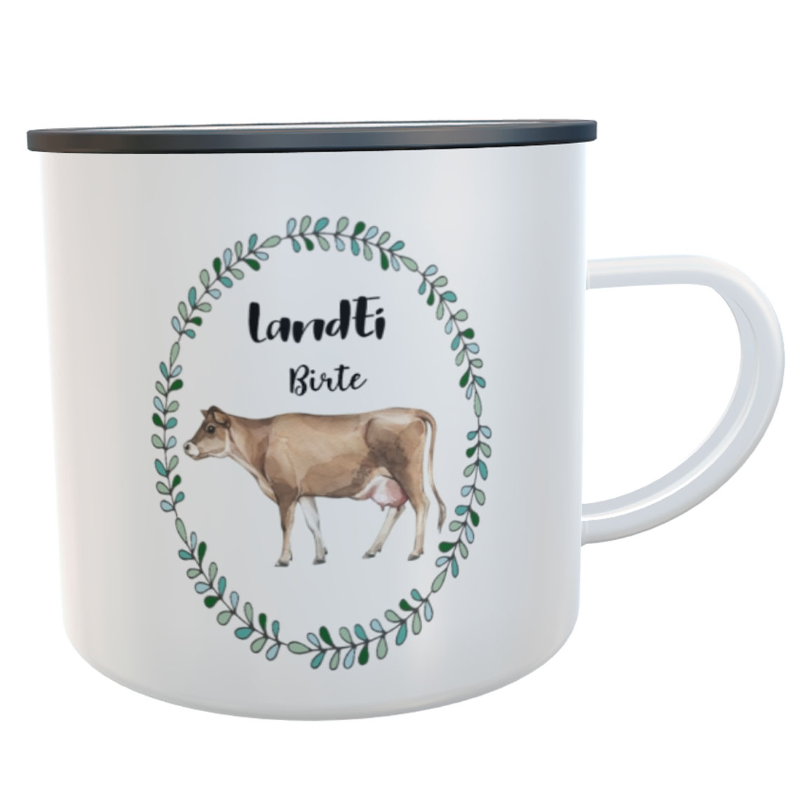 Emaille-Tasse LandEi Kuh/Kläbchen braun mit Namen