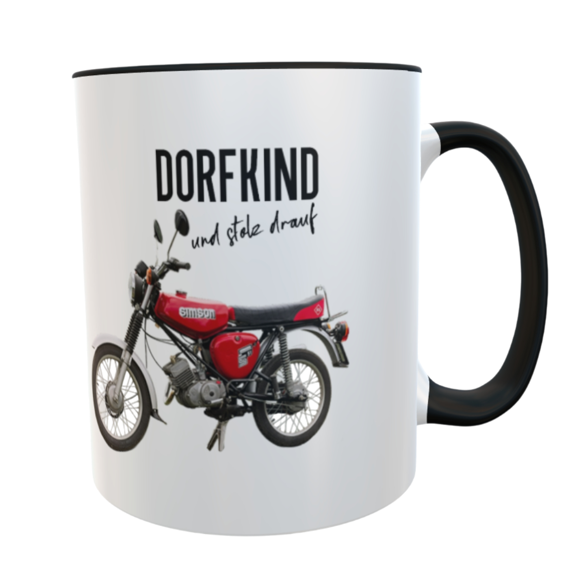 Kaffeetasse „Dorfkind und stolz drauf“ mit Simson-Motiv rot – Keramiktasse mit schwarzem Henkel