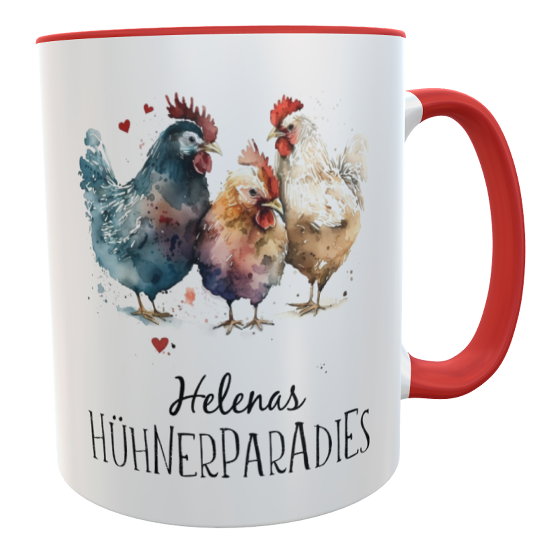 Kaffeetasse Hühnerparadies 3 rot Aquarell mit Namen