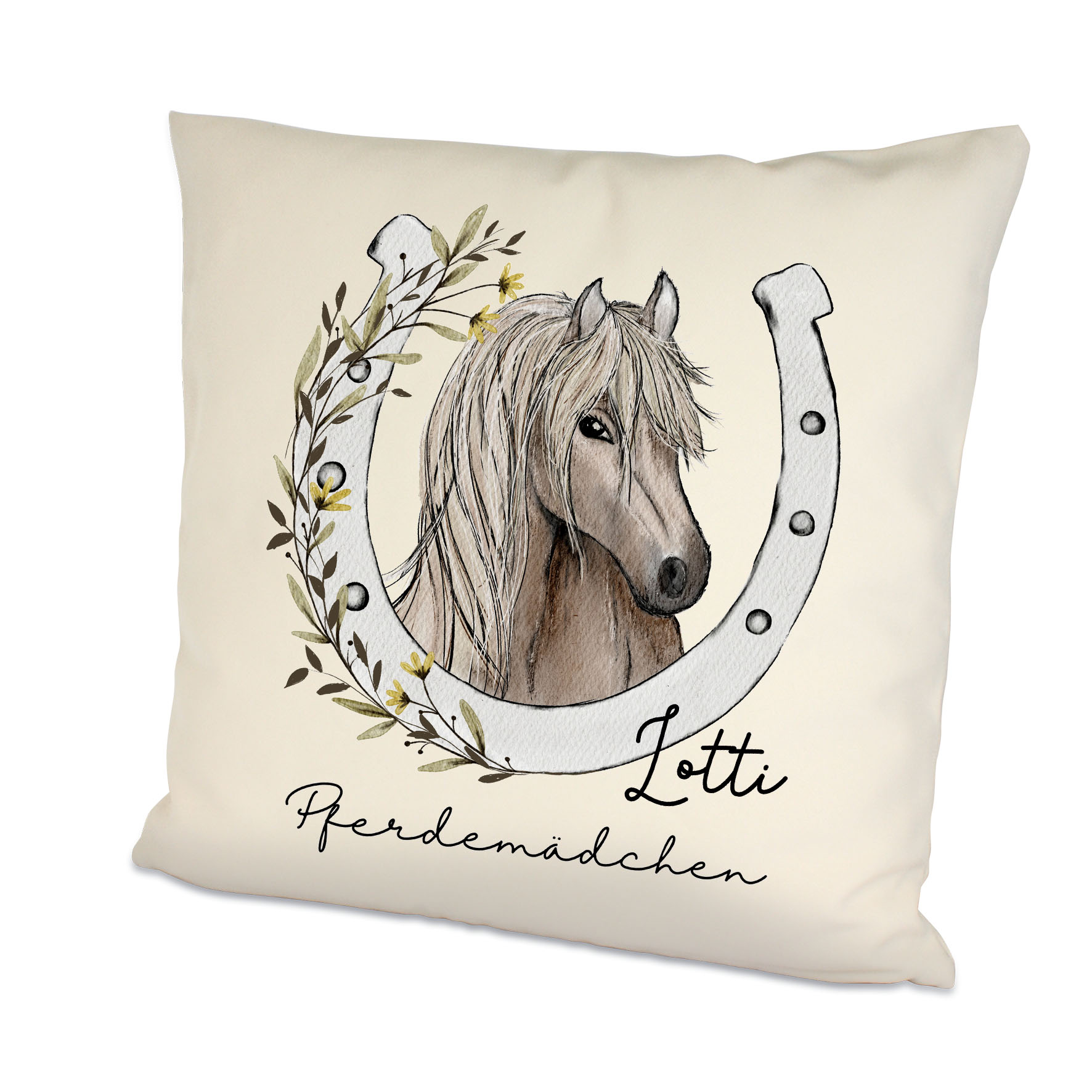 Kissen Pferdeglück beige mit Namen