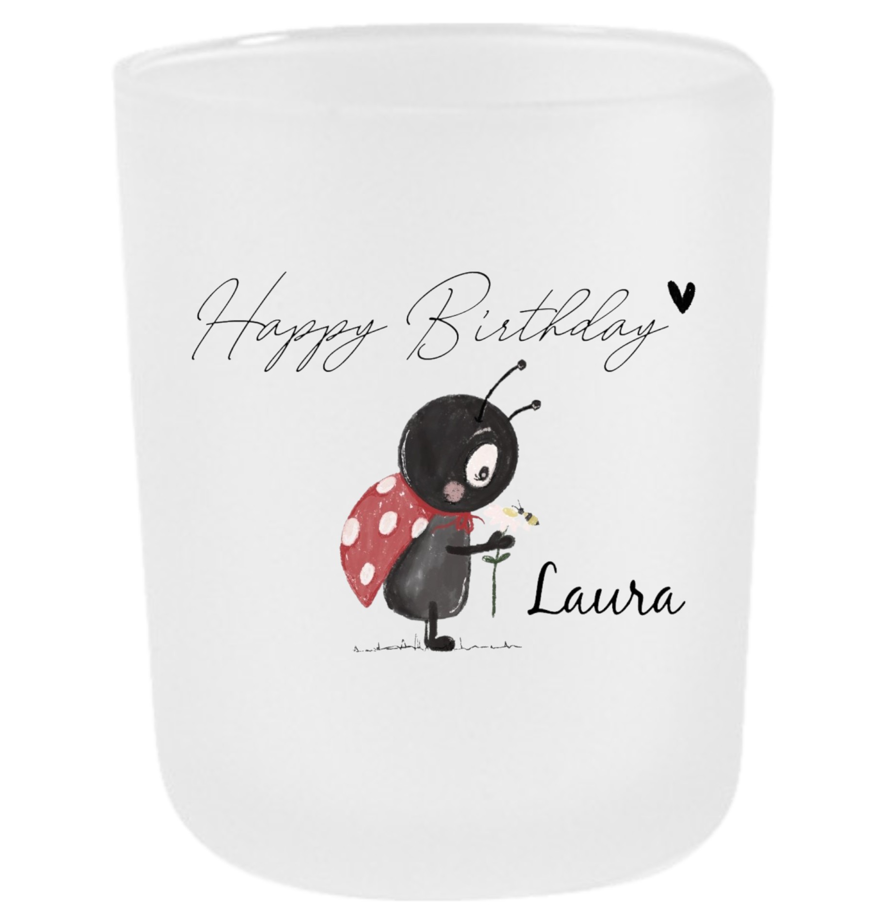 Personalisiertes Geburtstagslicht mit Name – Teelichtglas Happy Birthday mit Glückskäfer