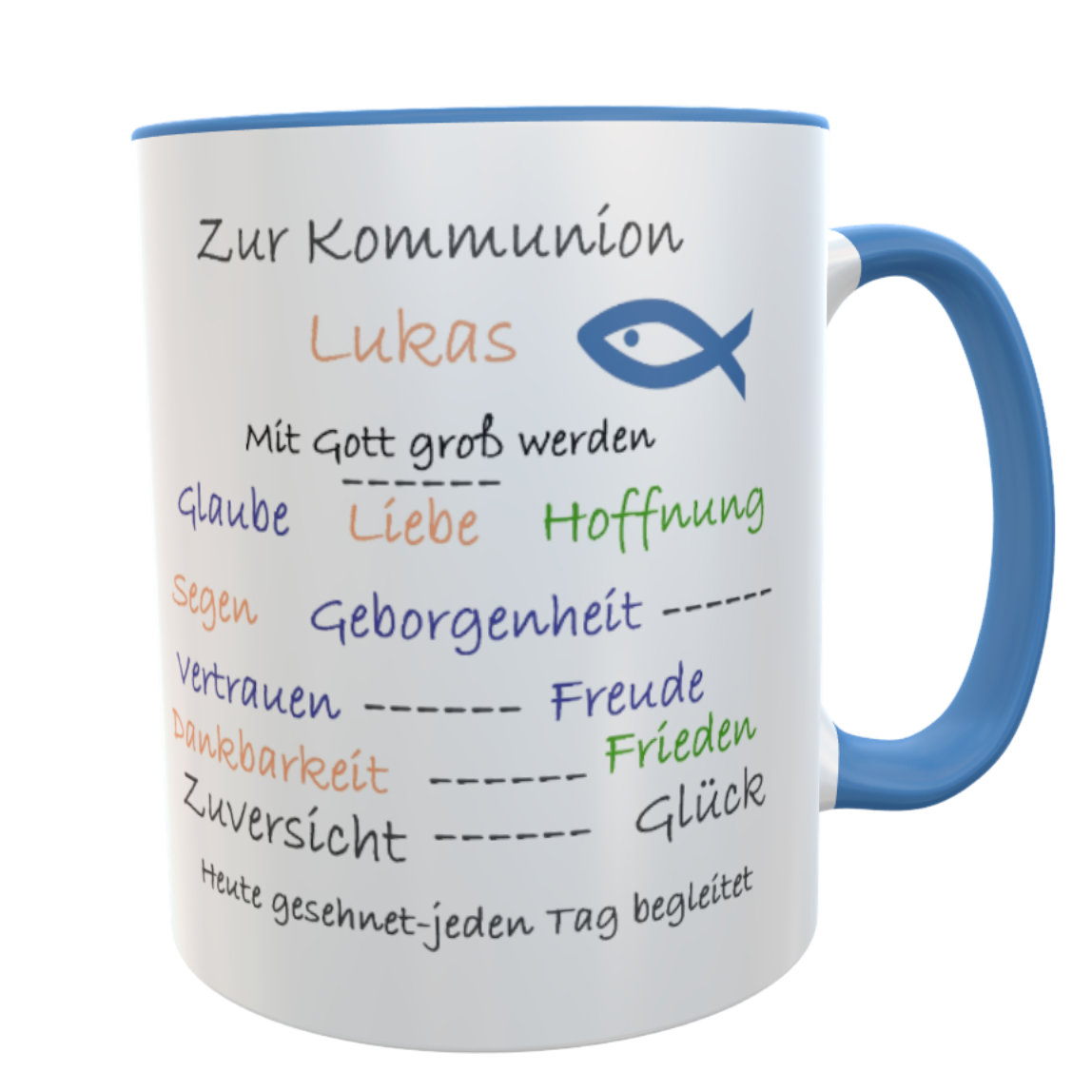 Tasse zur Kommunion mit Name – personalisierbarer 330 ml Becher mit christlichen Worten