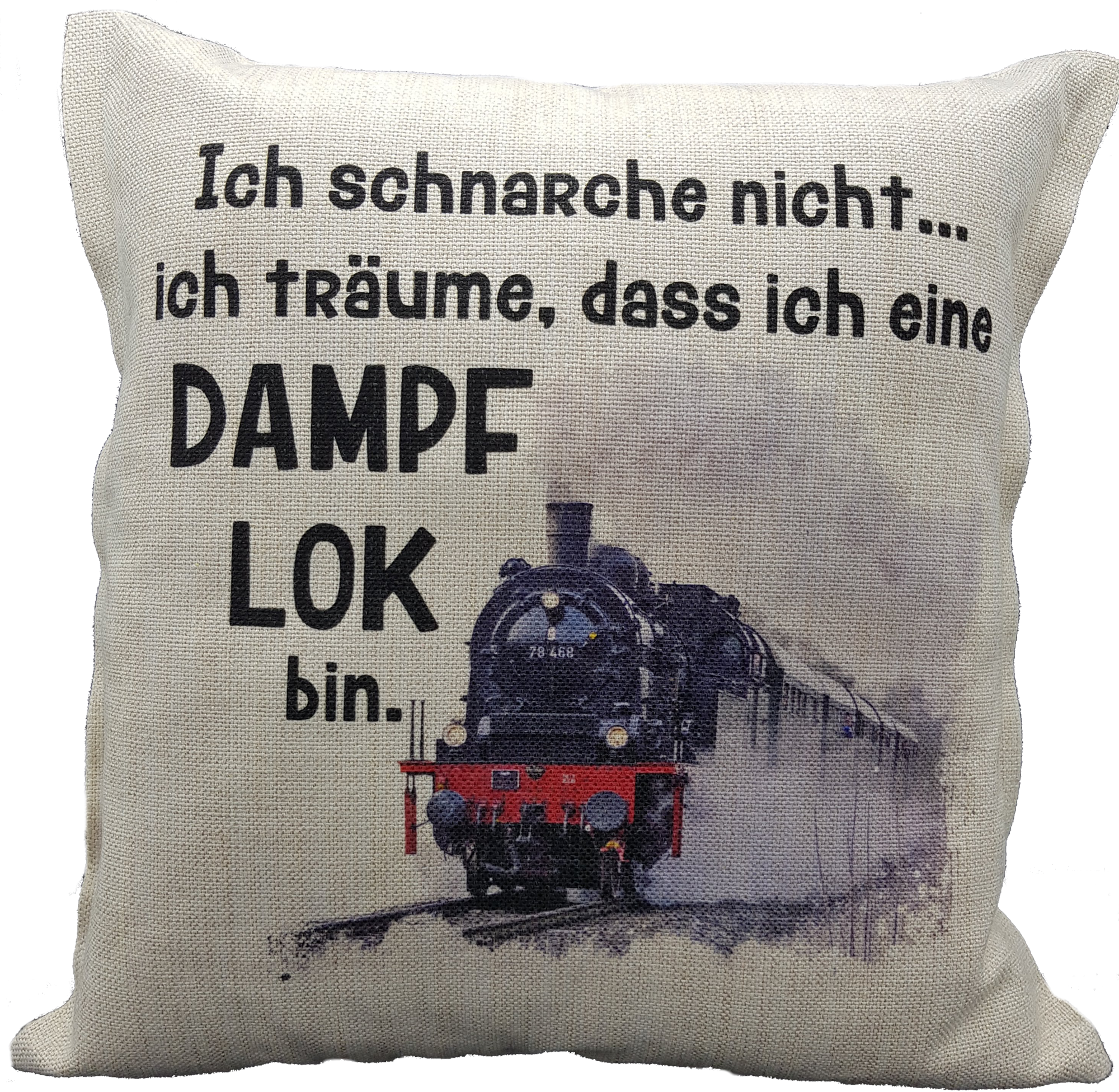 Anti-Schnarch Kissen Lokomotive Spruch Ich schnarche nicht Geschenk Geburtstag Dampflok-Fans Schnarchen Leinenoptik