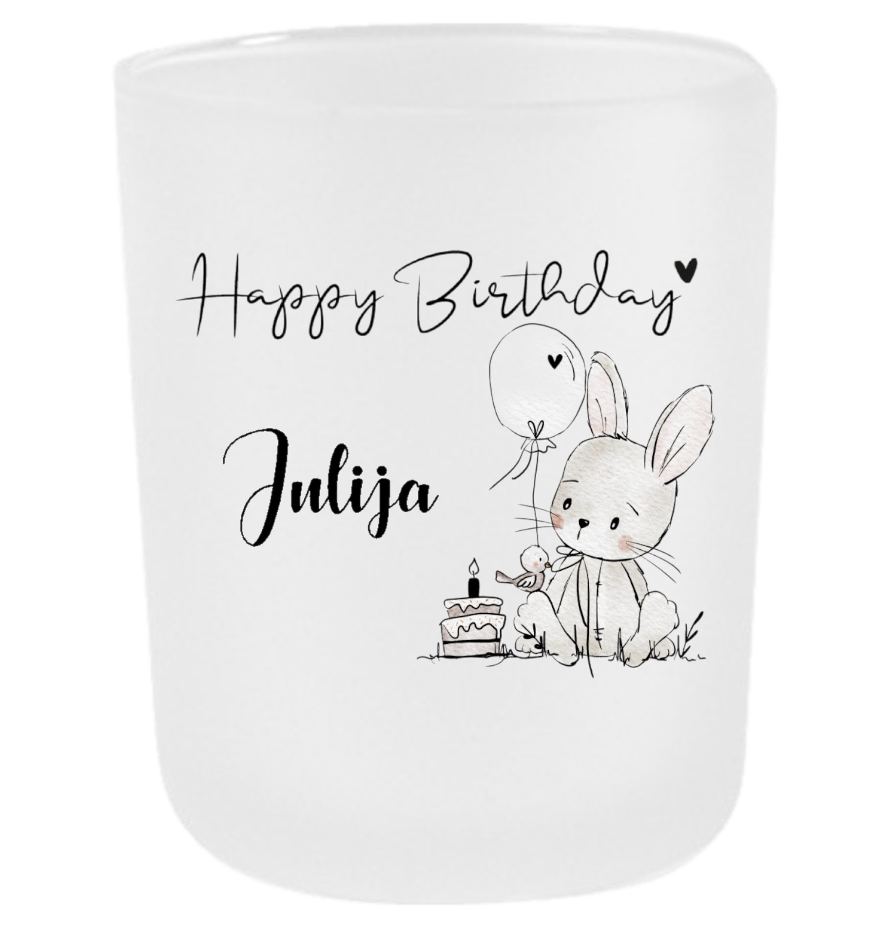 Personalisiertes Geburtstagslicht mit Name – Wiederverwendbares Teelichtglas „Happy Birthday“ mit Hase – Kinder-Geburtstagskerze aus satiniert