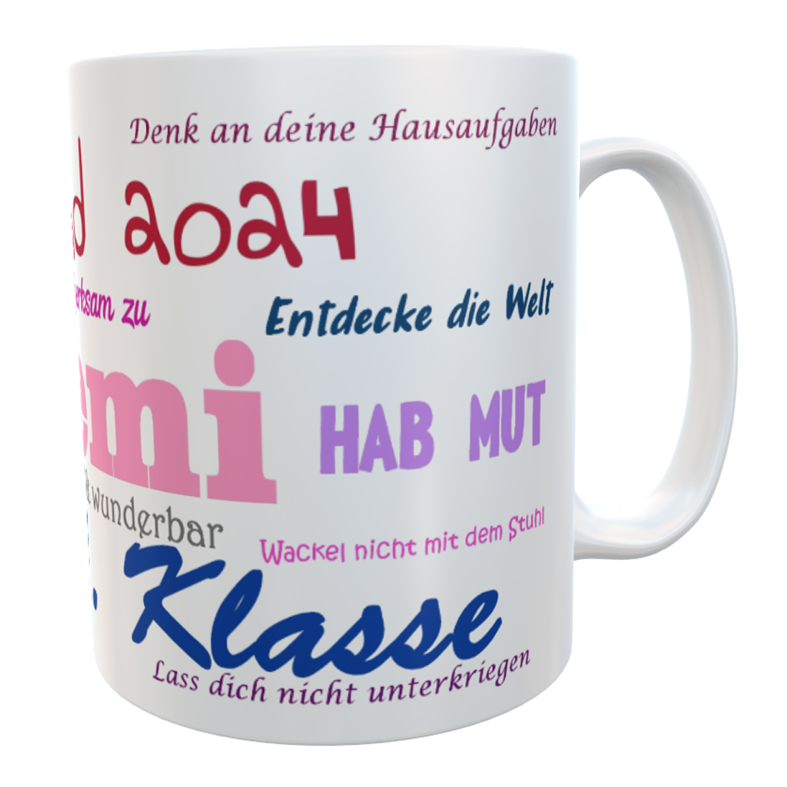 Namens-Tasse Schulkind Sonne rot mit MutMach-Sprüchen