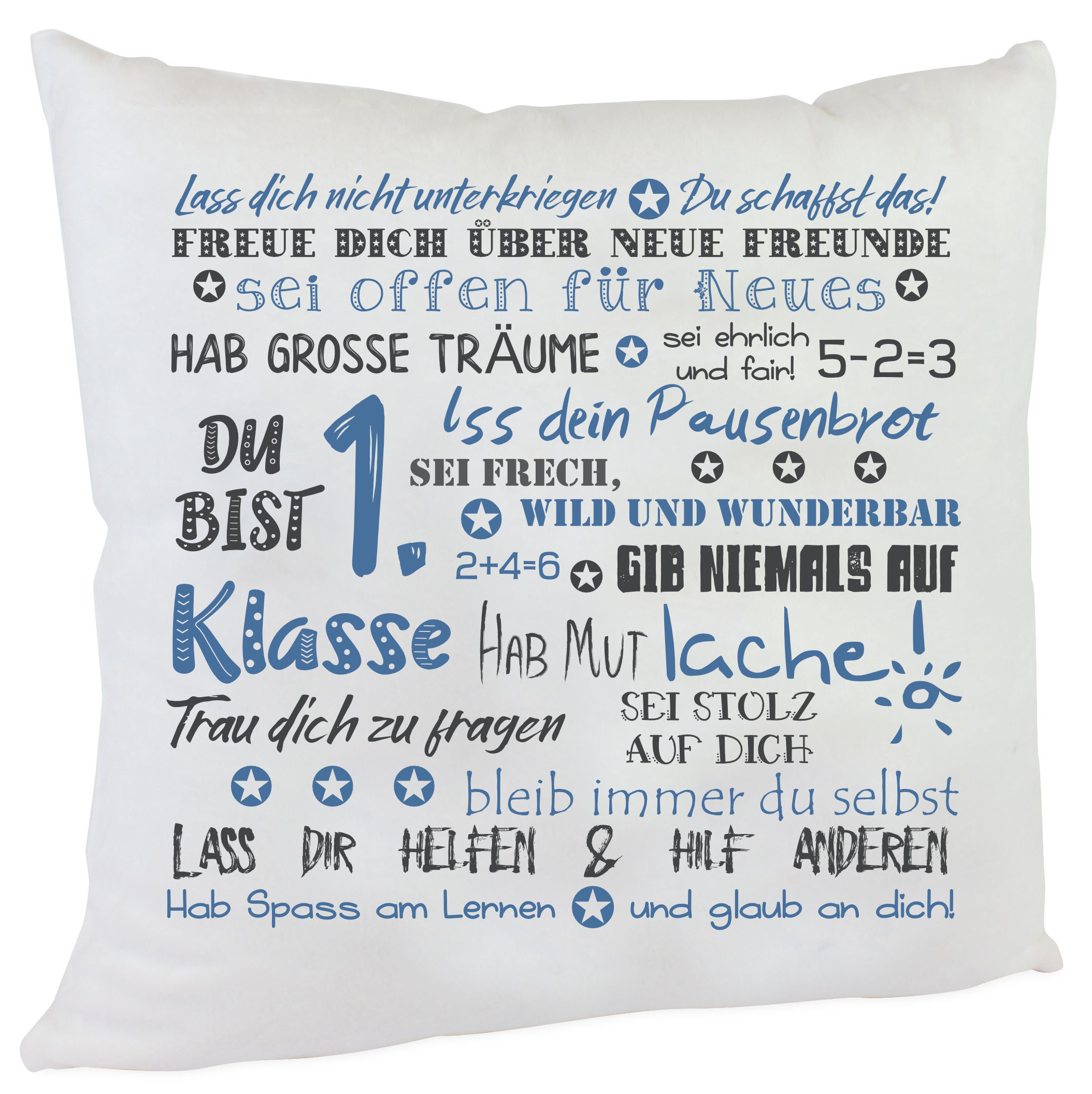 Kissen zur Einschulung Junge du bist 1. Klasse blau grau