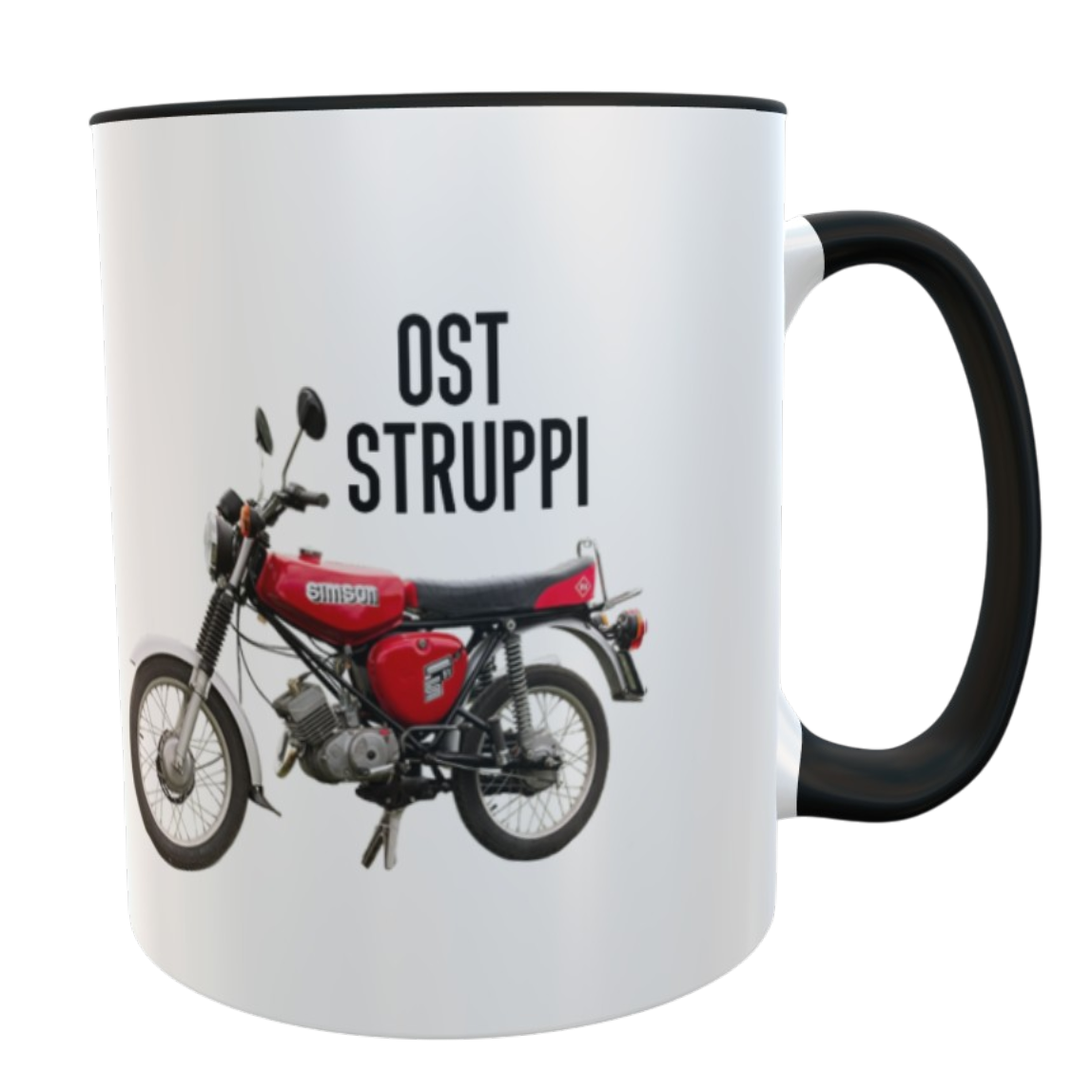 Ost Struppi Keramiktasse 330 ml mit rotem Simson Motiv – Spülmaschinenfester Kaffeebecher mit schwarzem Henkel