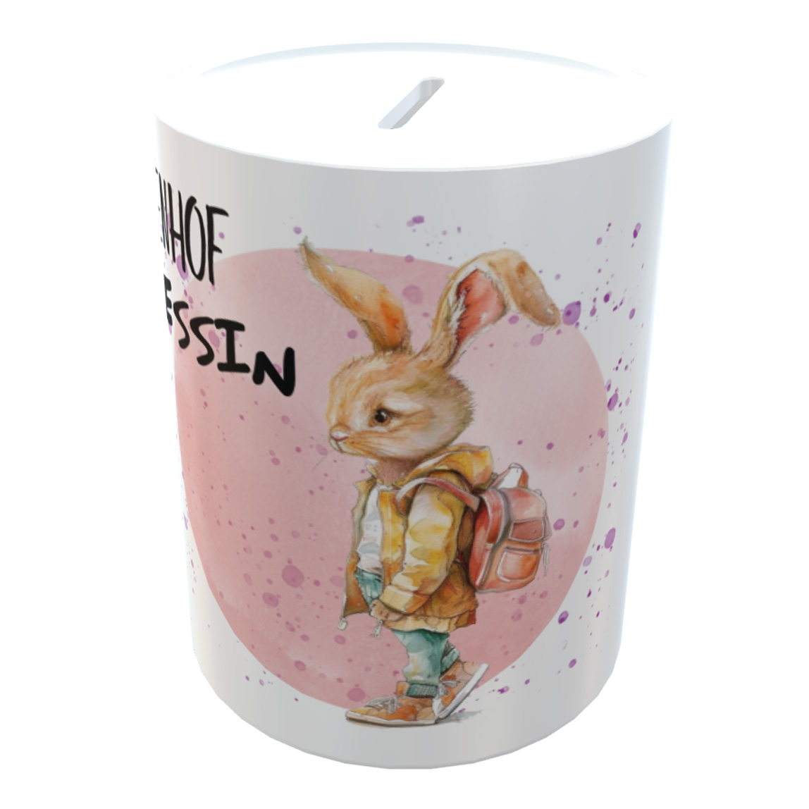 personalisierte Spardose Pausenhof Rocker Schulkind Hase