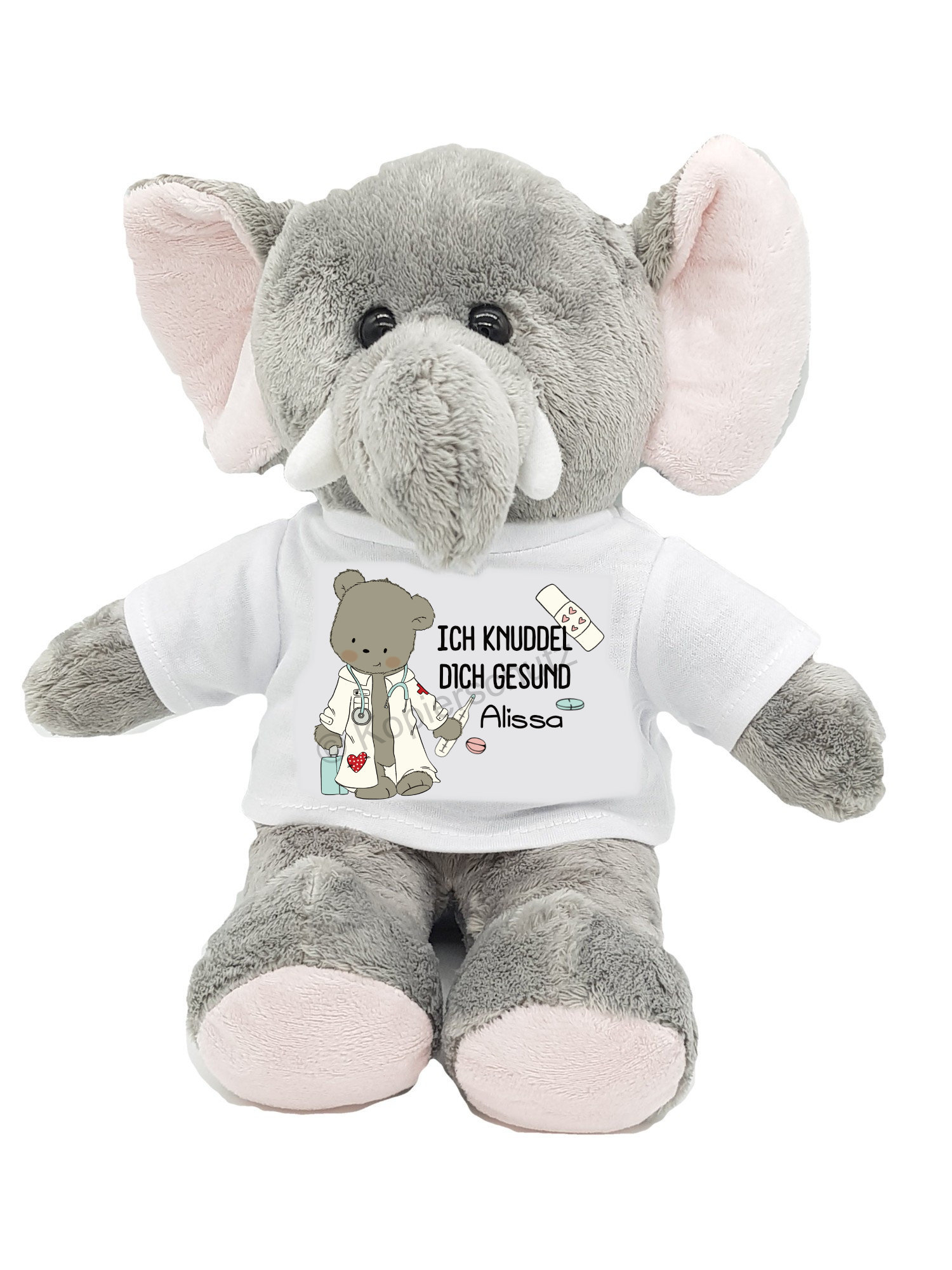 Gute Besserung Kuscheltier Elefant Doktorbär mit Wunschname personalisiert
