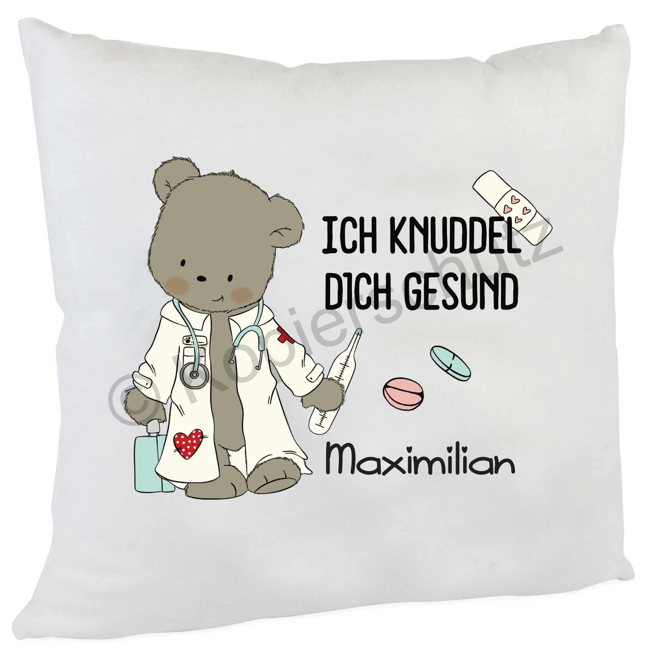 personalisiertes Kissen Doktorbär mit Wunschnamen "Ich knuddel dich gesund"