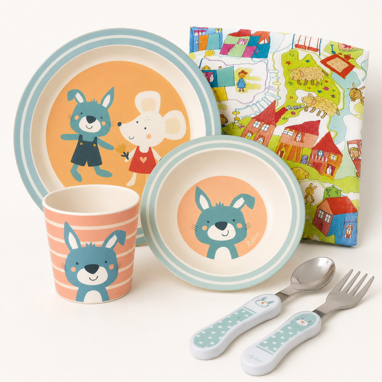sigikid Kinder-Geschirrset Hase & Maus mit Besteck – 4-teilig