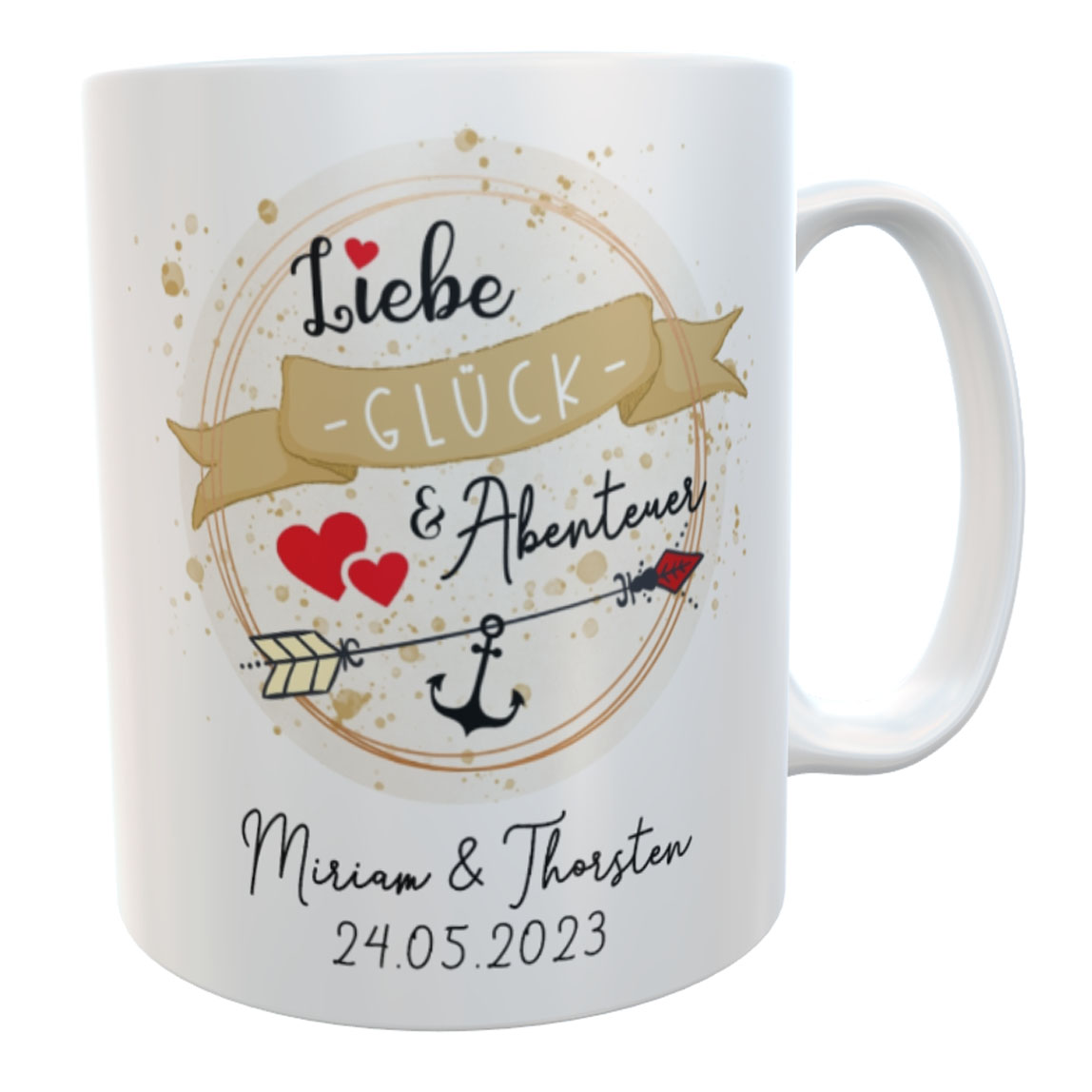 Personalisierte Hochzeitstasse mit Anker-Spruch, Namen des Brautpaares und Hochzeitsdatum - Hochzeitsgeschenk