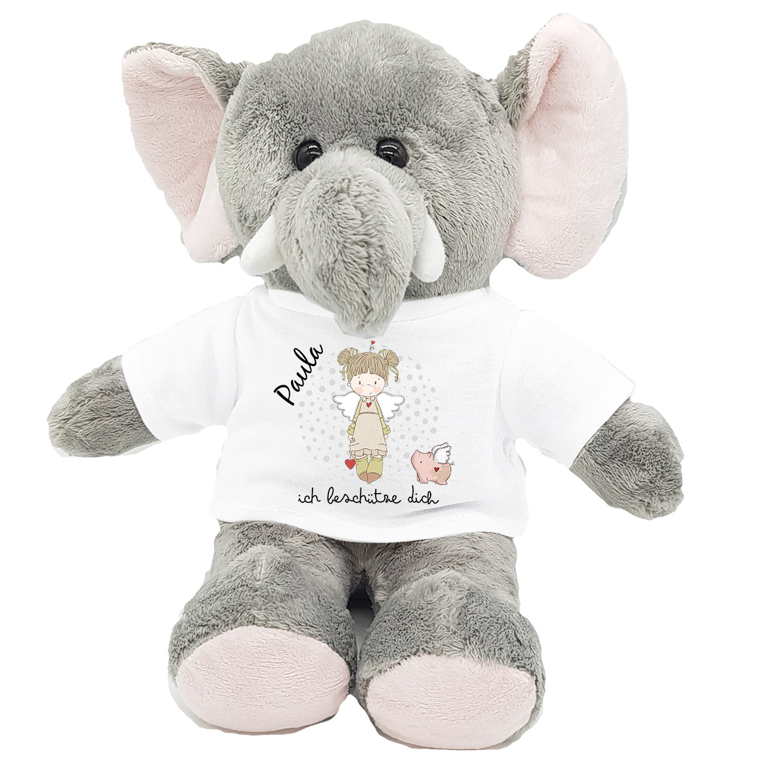 Personalisierter Plüschelefant Plüschelefant Schutzengel & Glücksschwein grün/rosa