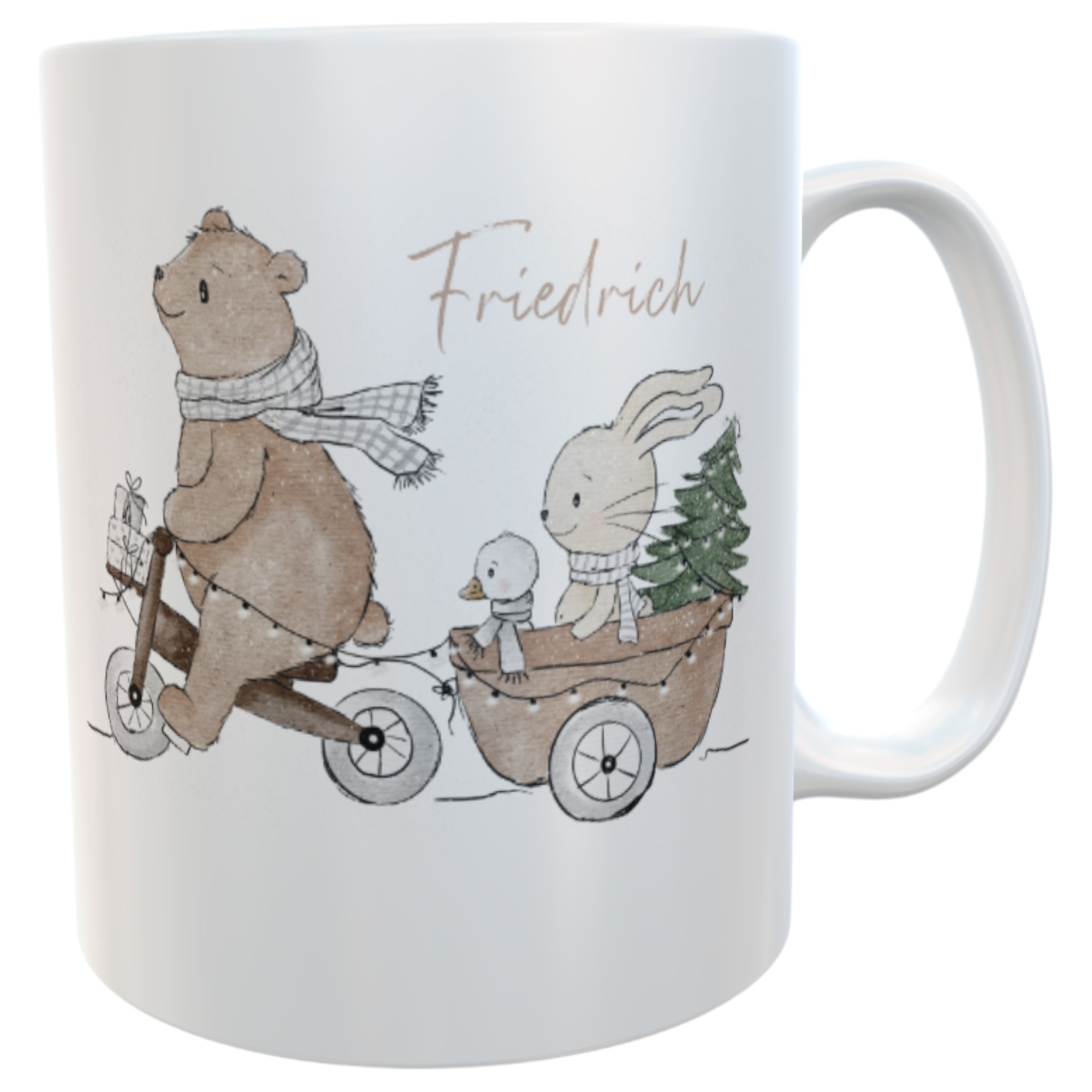 Personalisierte Kindertasse mit Namen -Wintermotiv Bär Hase Ente, niedliche Weihnachts-Tasse