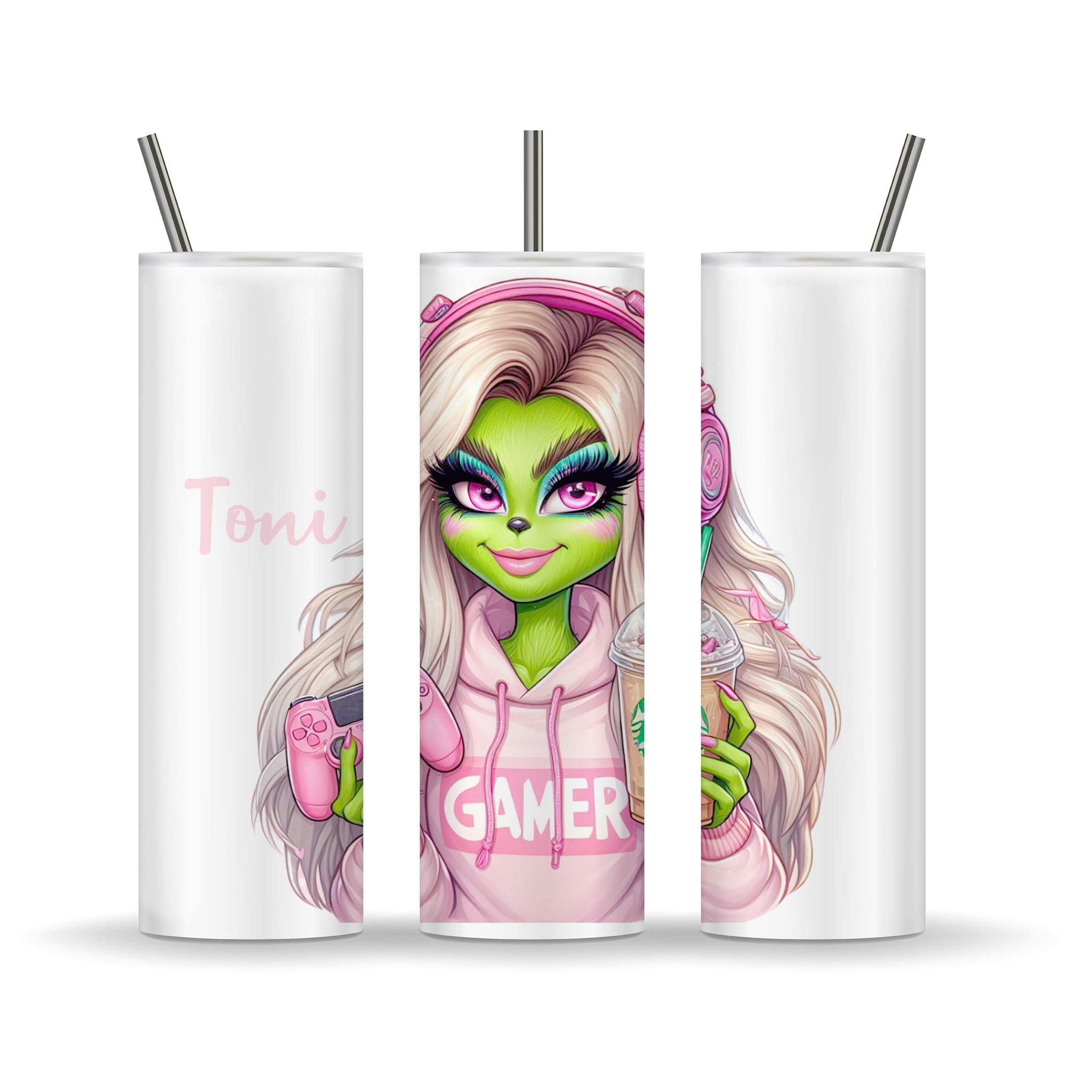 Cooler Thermo-Edelstahlbecher To-Go Bougie Gamer-Girl mit Kopfhörer