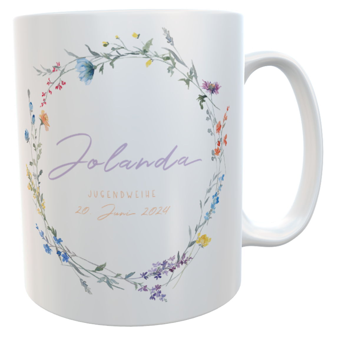 Jugendweihe-Tasse mit Wildblumenkranz weiß