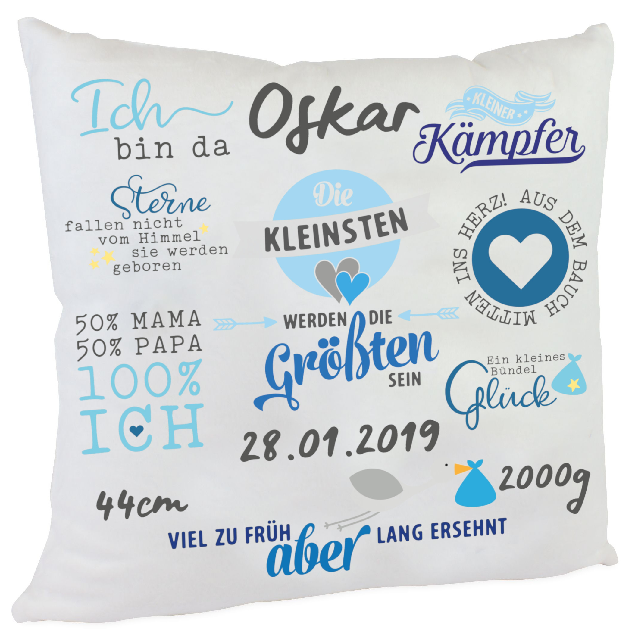Personalisiertes Namenskissen für Frühchen Spruch zur Geburt oder Taufe Jungen