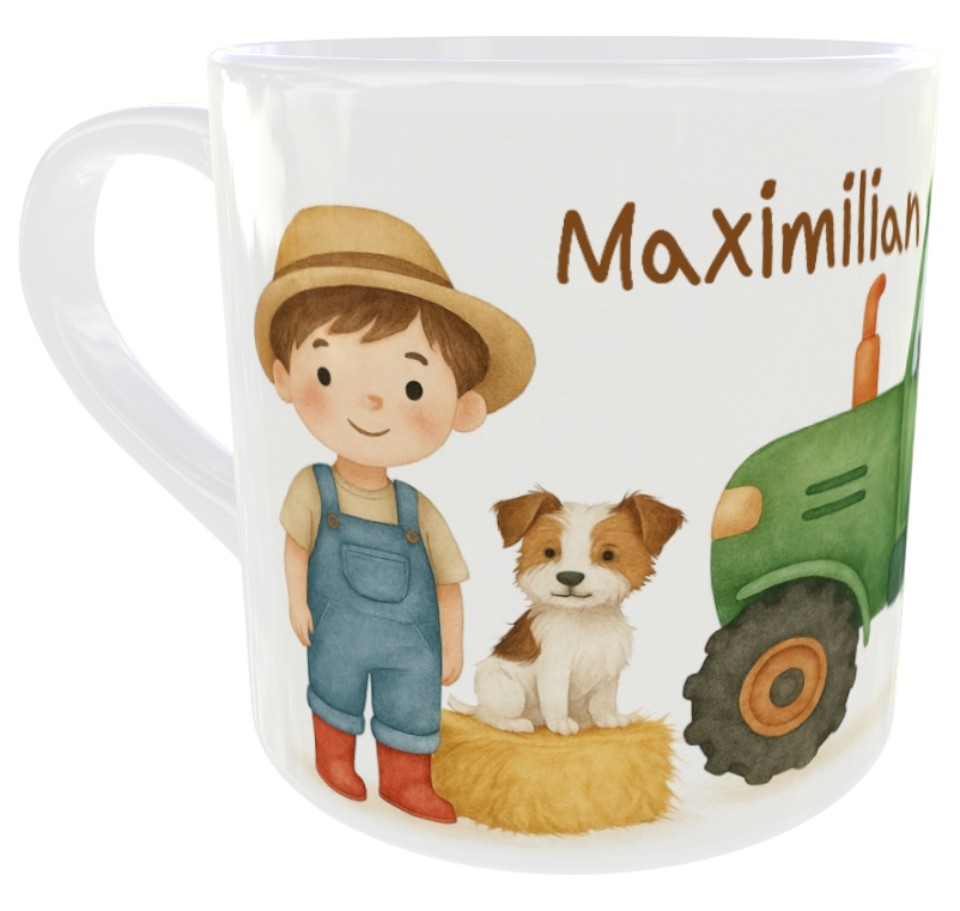 Personalisierte Kindergartentasse mit Traktor & Bauernhof-Motiv
