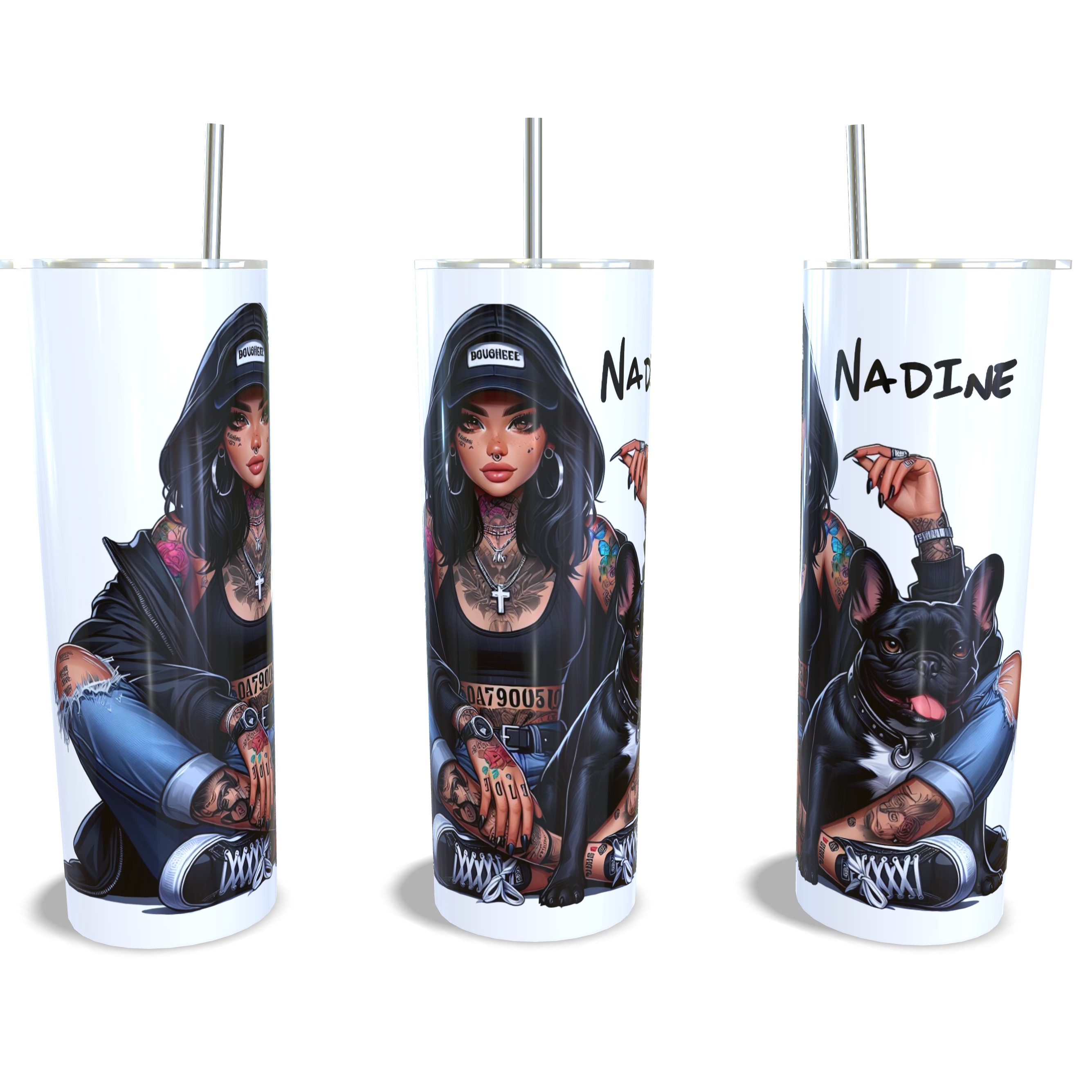 Edelstahl-Thermobecher Tumbler mit Wunschnamen und coolem Motiv für moderne Mops-Frauchen
