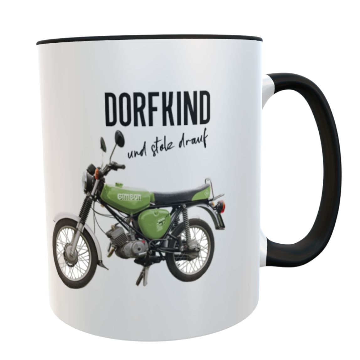 Kaffeetasse „Dorfkind und stolz drauf“ mit Simson-Motiv grün – Keramiktasse mit schwarzem Henkel