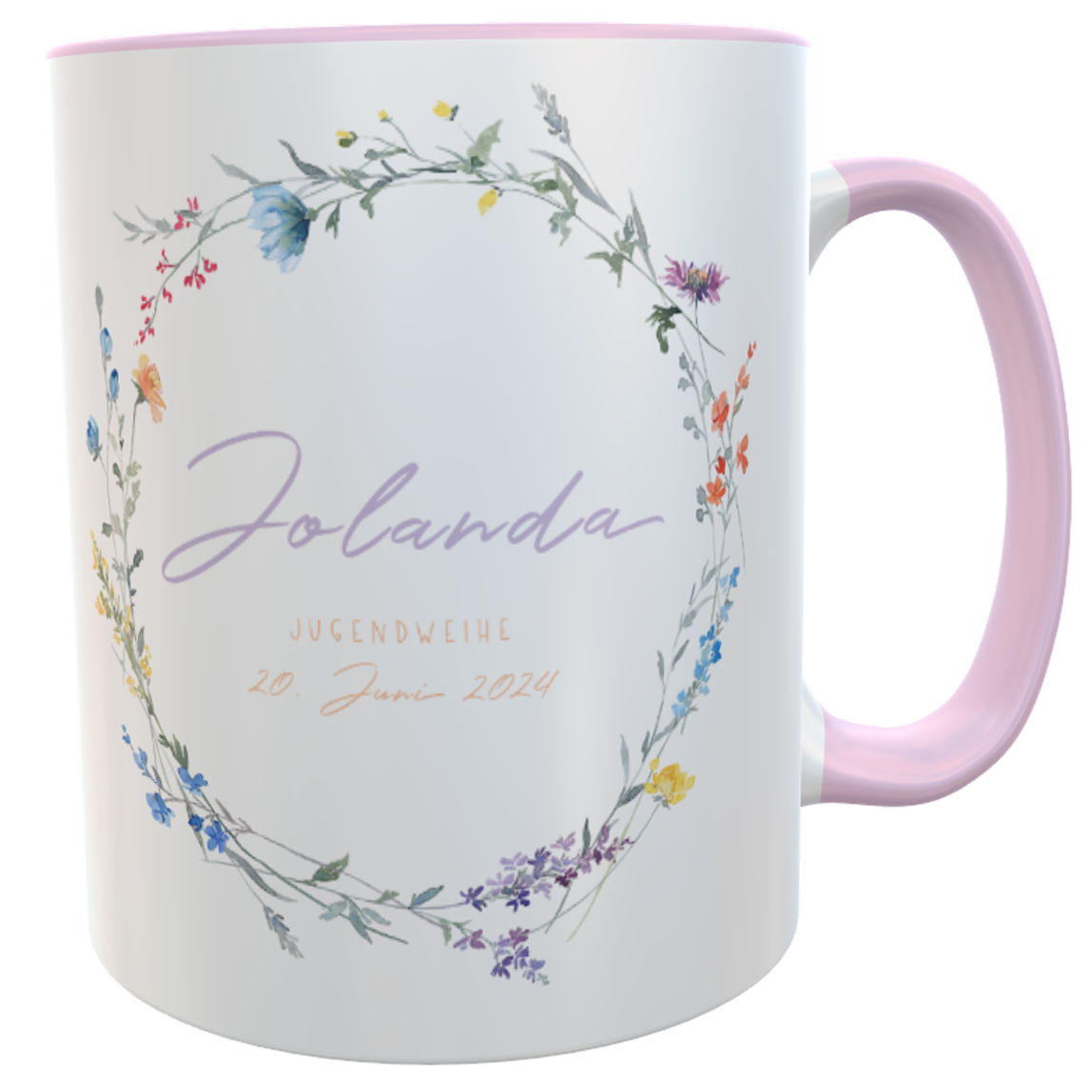 Personalisierte Jugendweihe-Tasse rosa mit Wildblumenkranz