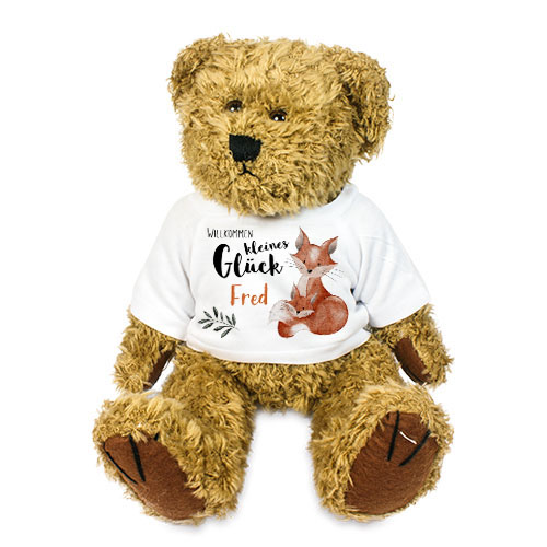 personalisierter Bär Kuscheltier mit Fuchs zur Geburt