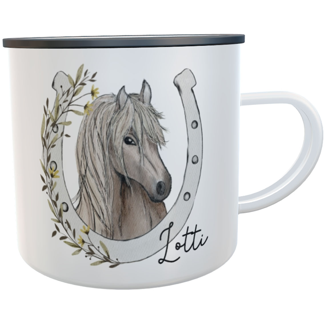 Emaille-Tasse Pferdeglück mit Namen