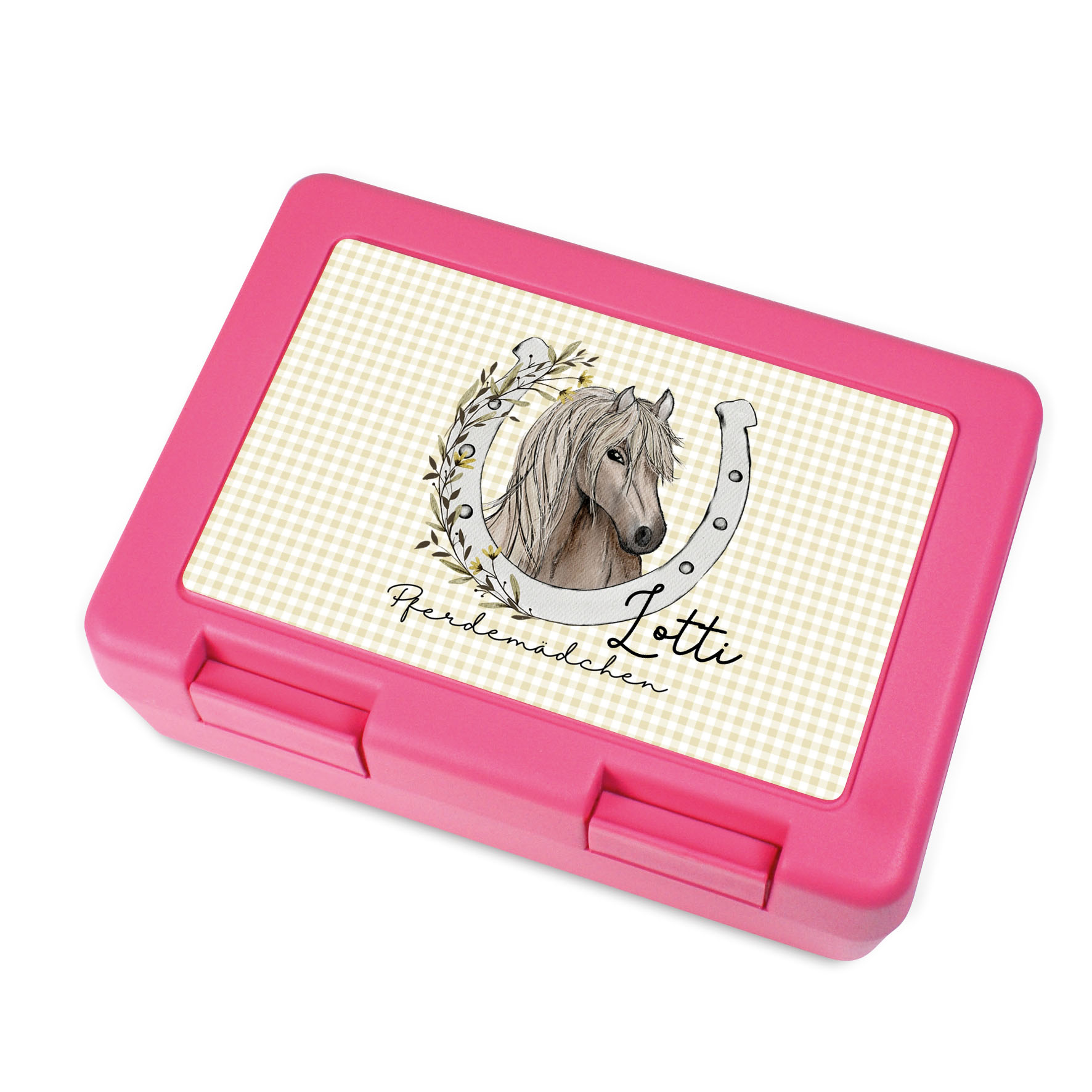 Kinder-Brotdose Pferd rosa mit Wuschnamen personalisiert, Brotzeitbox, Lunchbox, Brotbüchse