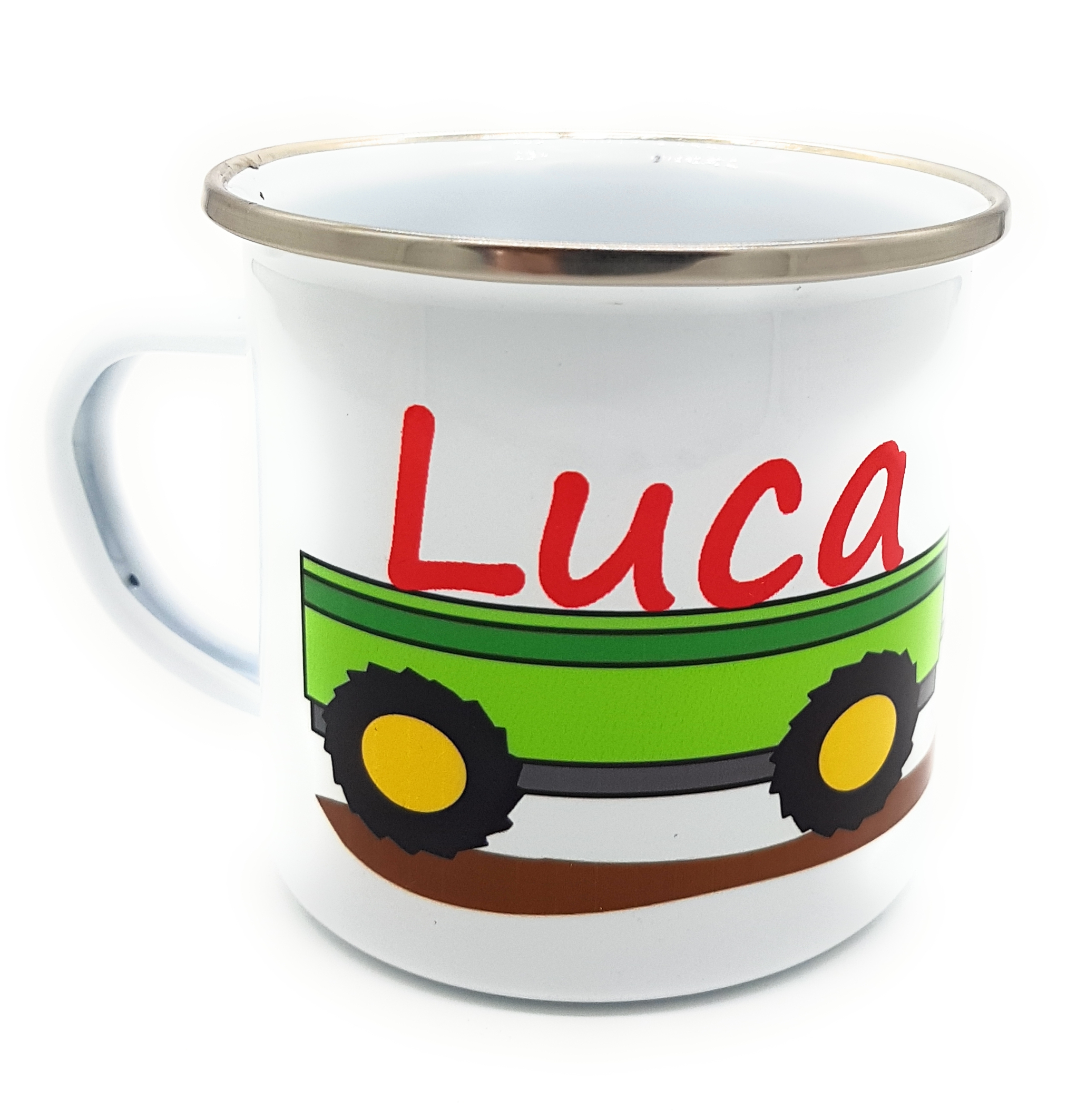 Metalltasse Emaille-Look Traktor Trecker mit Wunschname