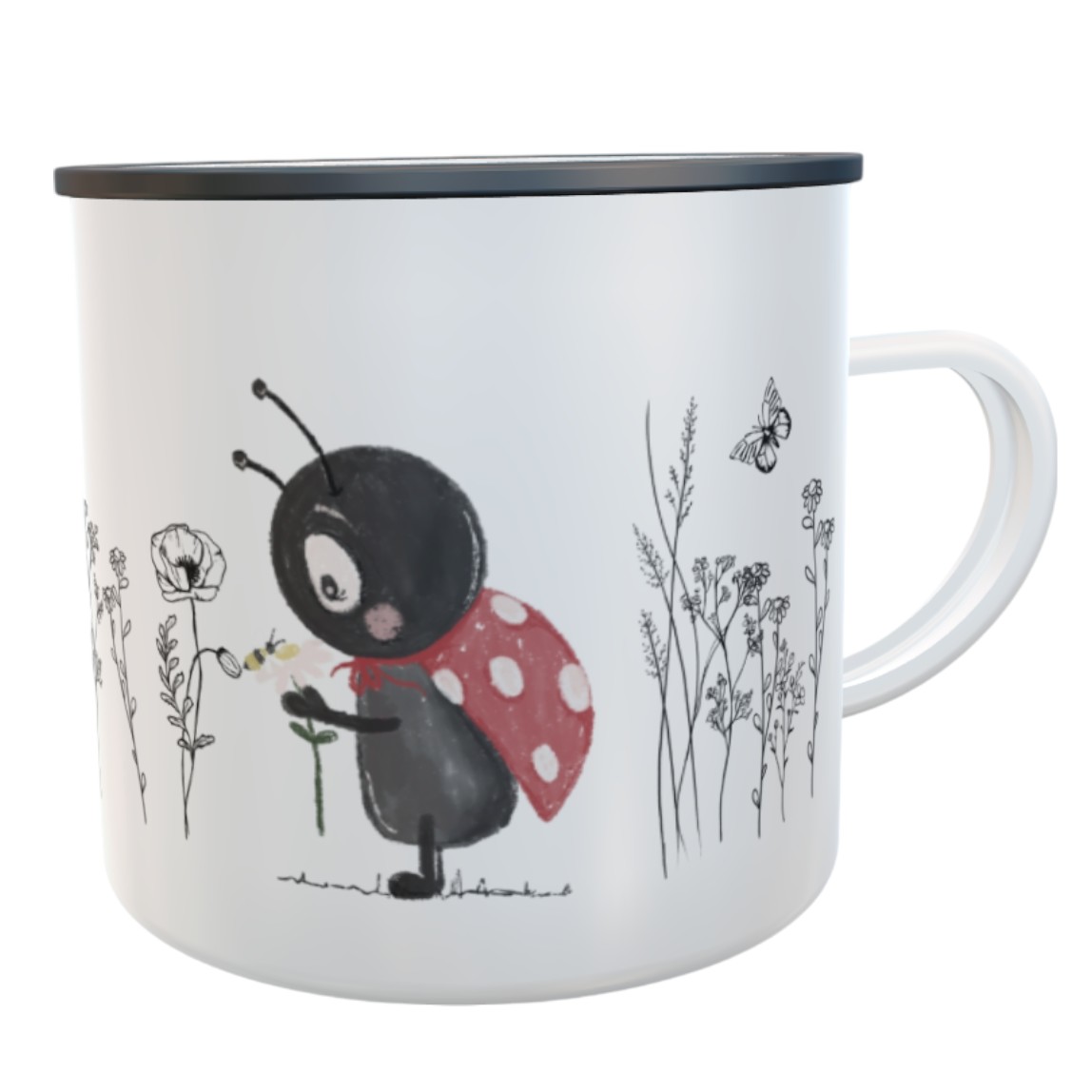 Personalisierte Emaille-Tasse mit Name – Design Blumenwiese & Marienkäfer