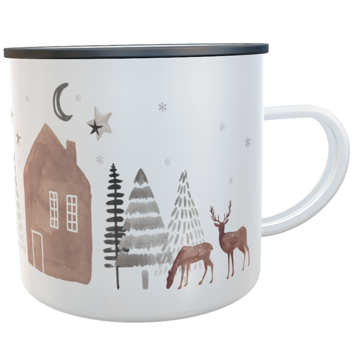 personalisierter Emaille Tasse mit Aquarell Winterlandschaft