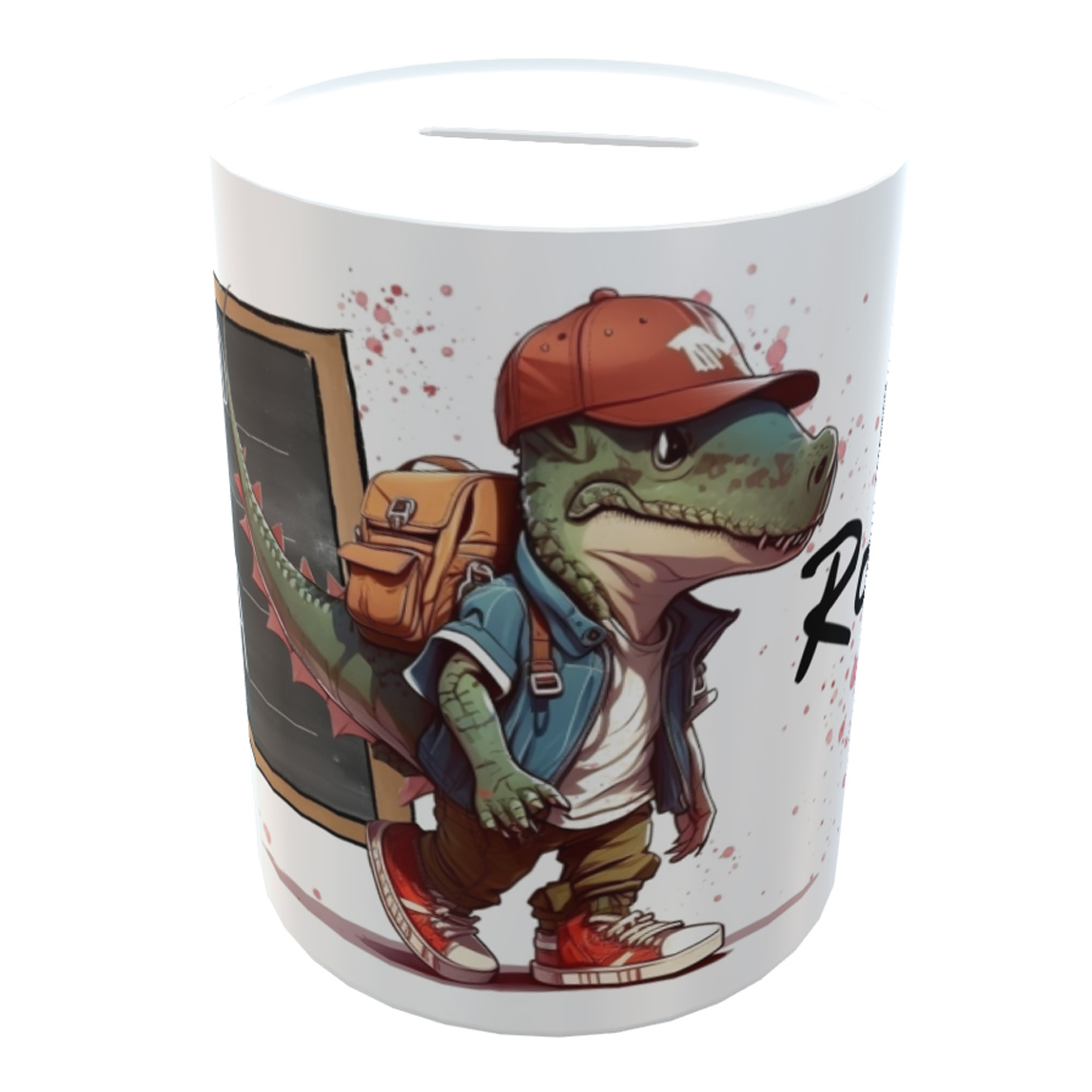 Spardose T-Rex mit Wunschname zur Einschulung