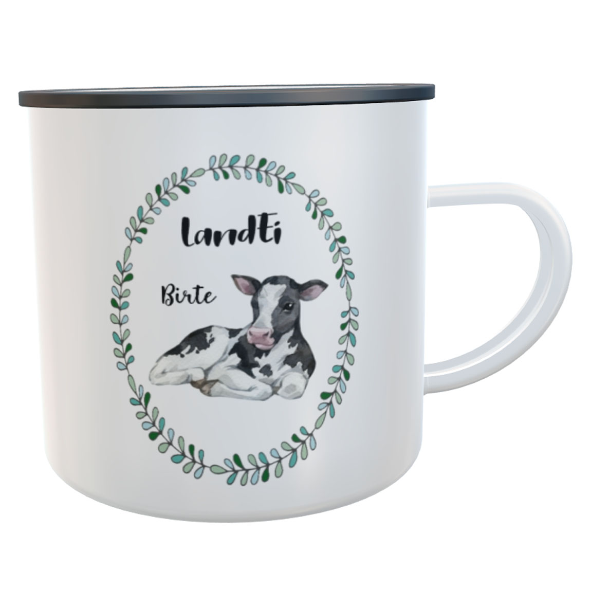 Emaille-Tasse LandEi Kühe schwarz/weiß mit Namen