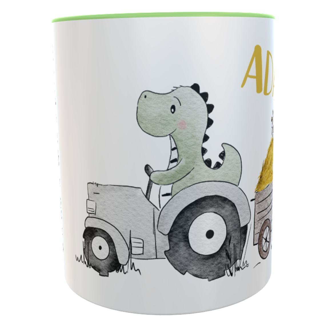 Kindertasse Traktor Dino grün Dorfkindmomente mit Namen