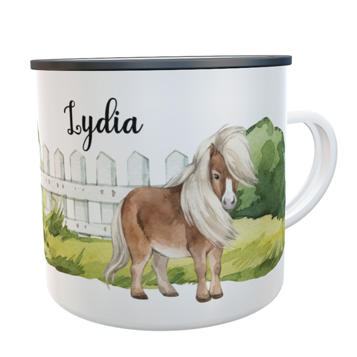 Emaille-Tasse Ponyhof mit Namen Shetlandpony