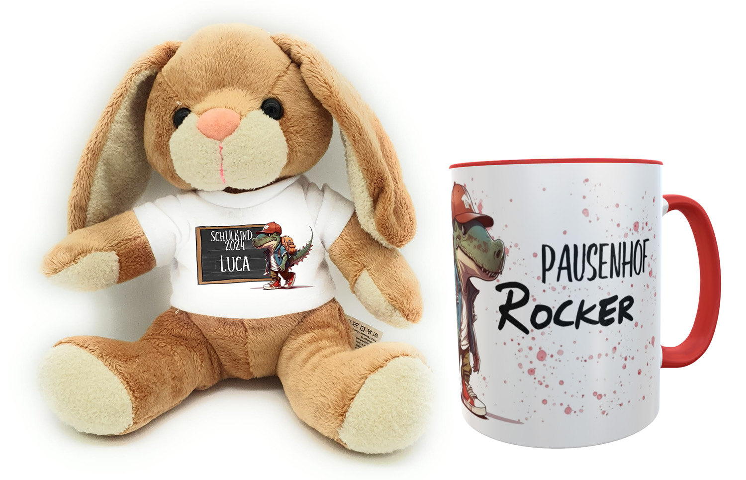 Schulanfangs-Set mit Hase und Tasse in Dino-Design - Pausenhof Rocker