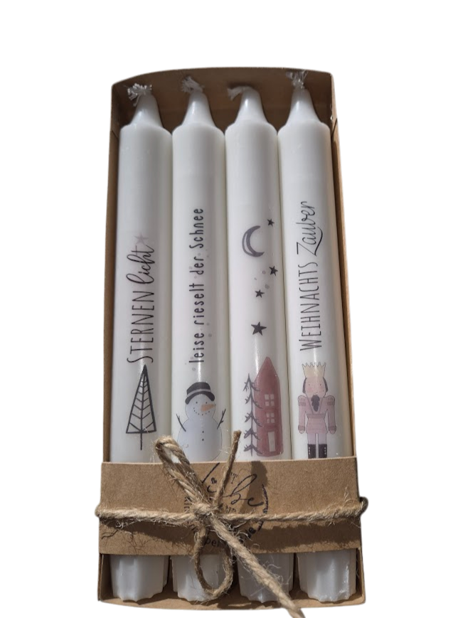 Adventskerzen Set Weihnachten mit Sprüchen & Motiven – 4 Stabkerzen – Geschenkidee – Nussknacker