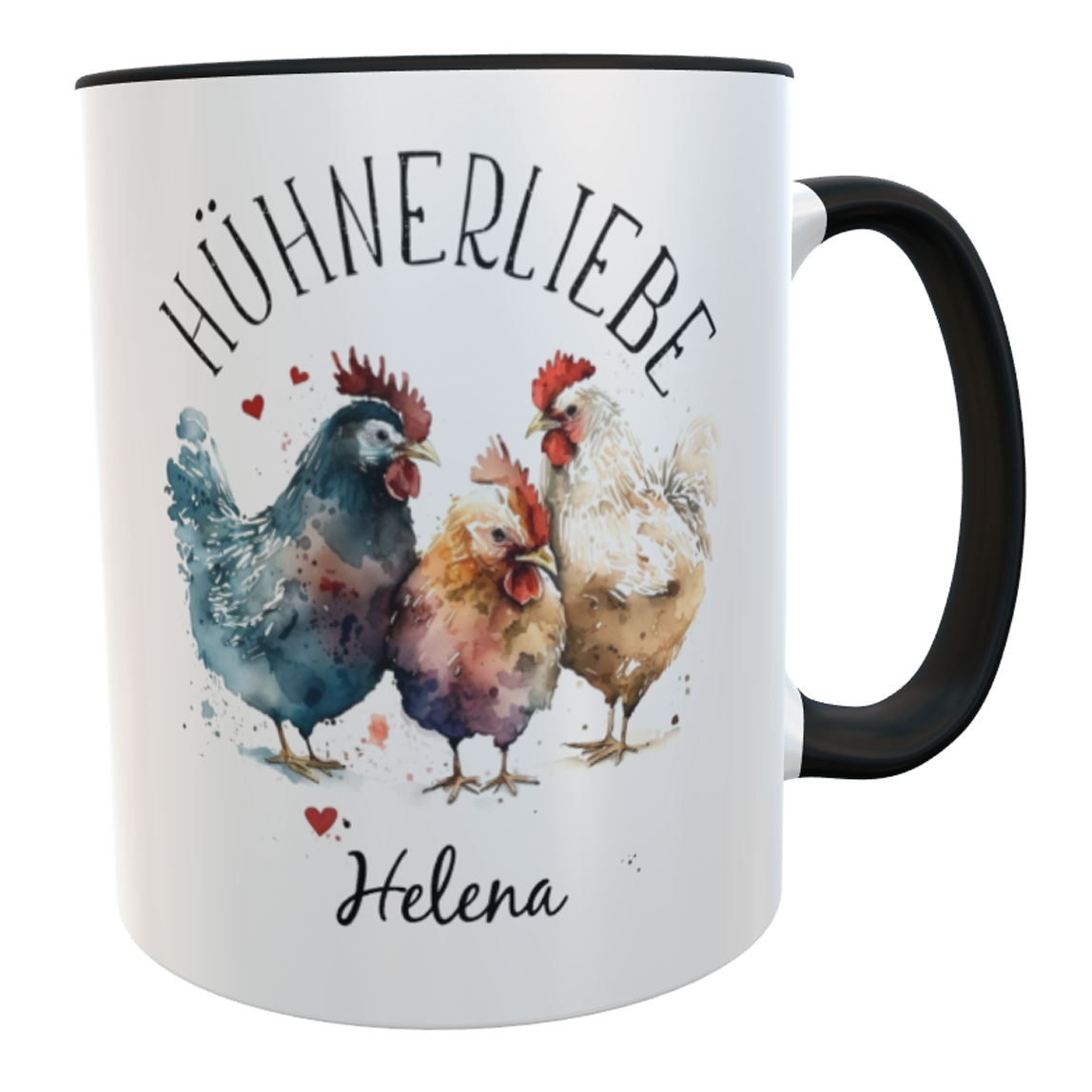Kaffeetasse Hühnerliebe 3 Aquarell mit Namen schwarz