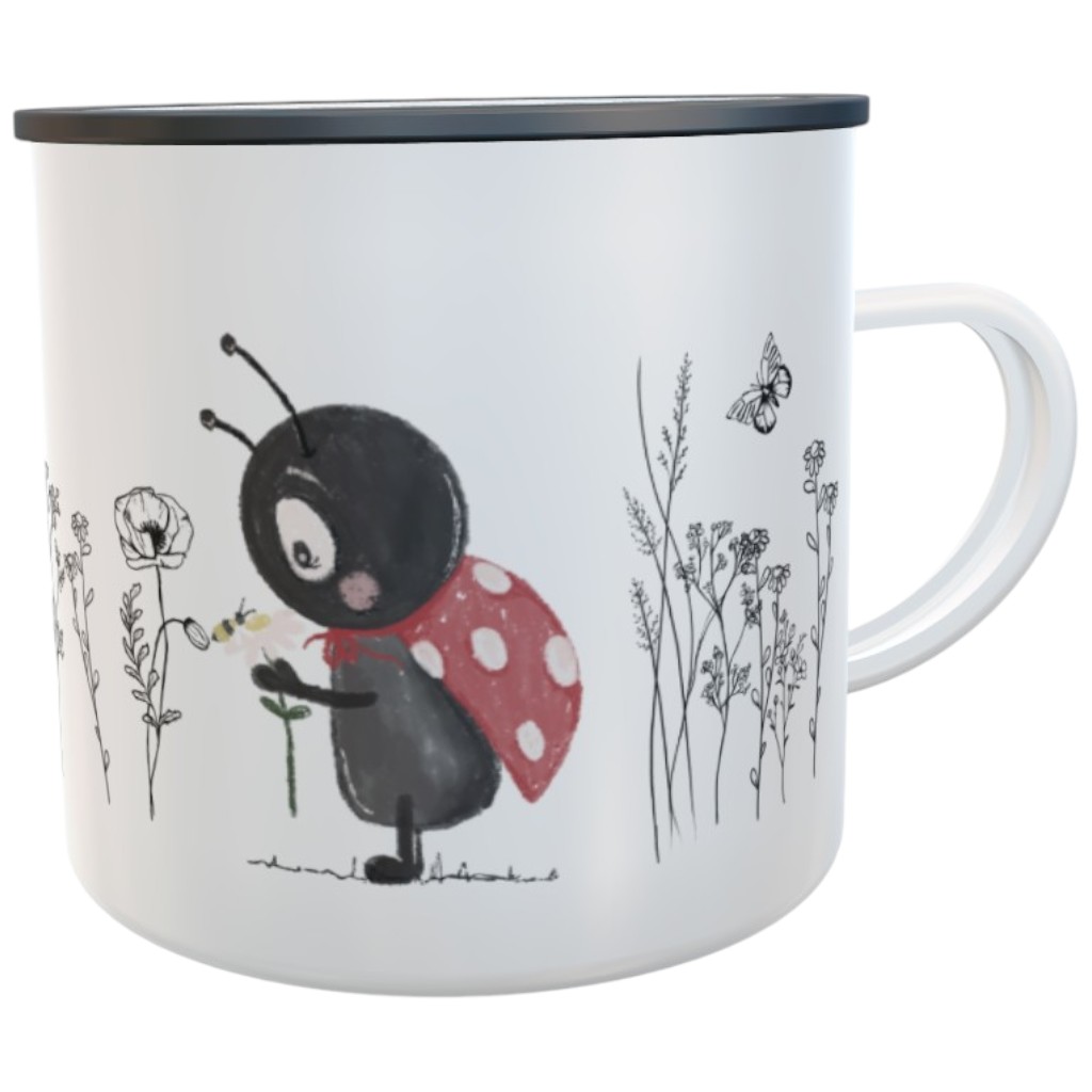 Emaille-Tasse personalisiert – Glückskäfer Anton im Wildblumenfeld