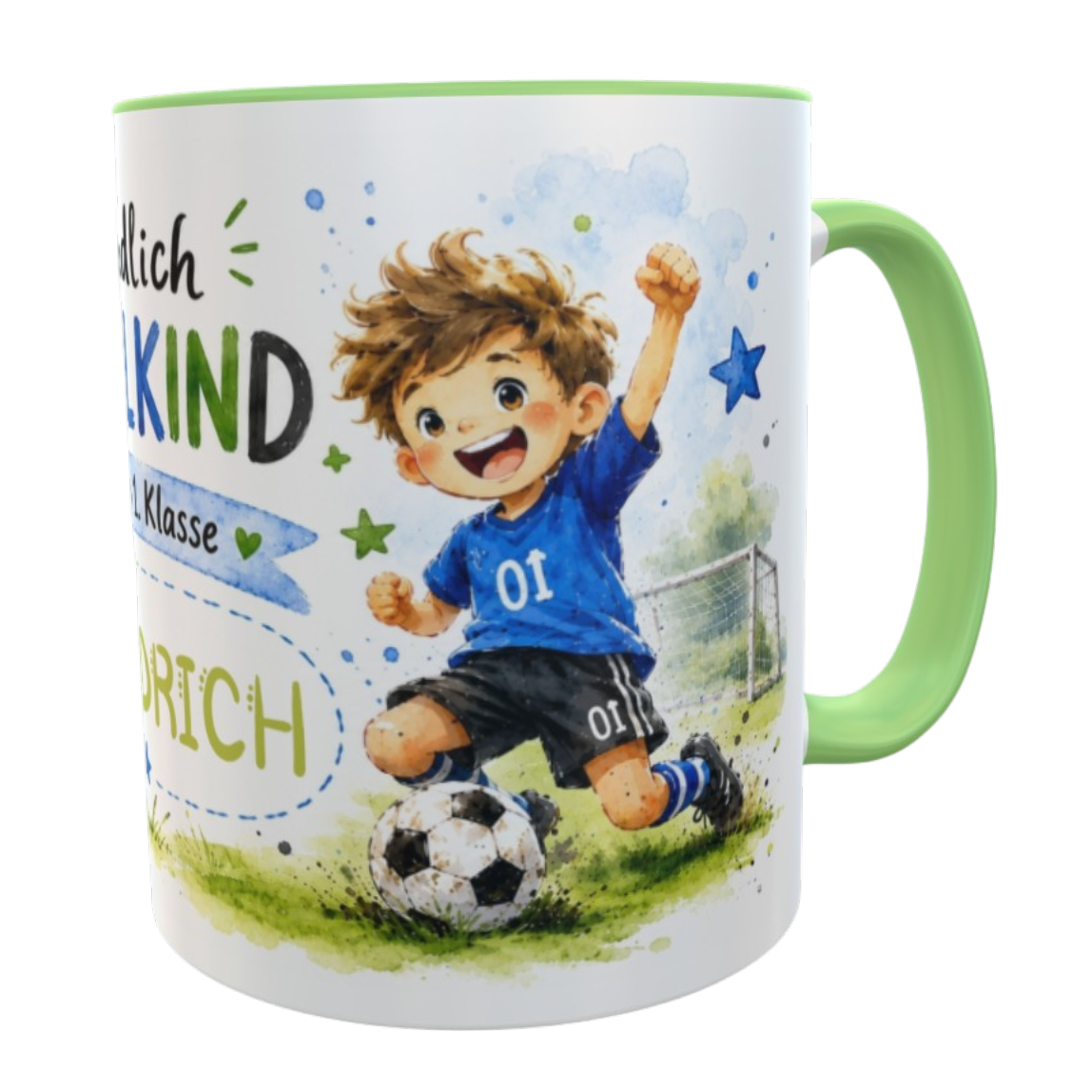Einschulungstasse Fußball – Endlich Schulkind 2026 mit Wunschname 330 ml Keramiktasse für Jungen