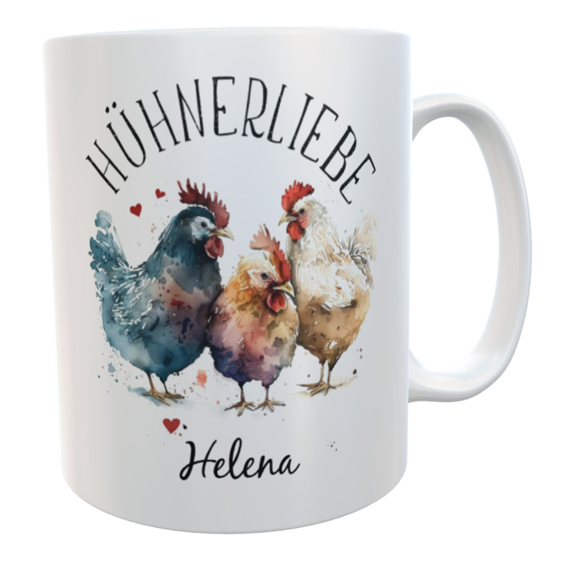 Kaffeetasse Hühnerliebe 3 Aquarell mit Namen weiß