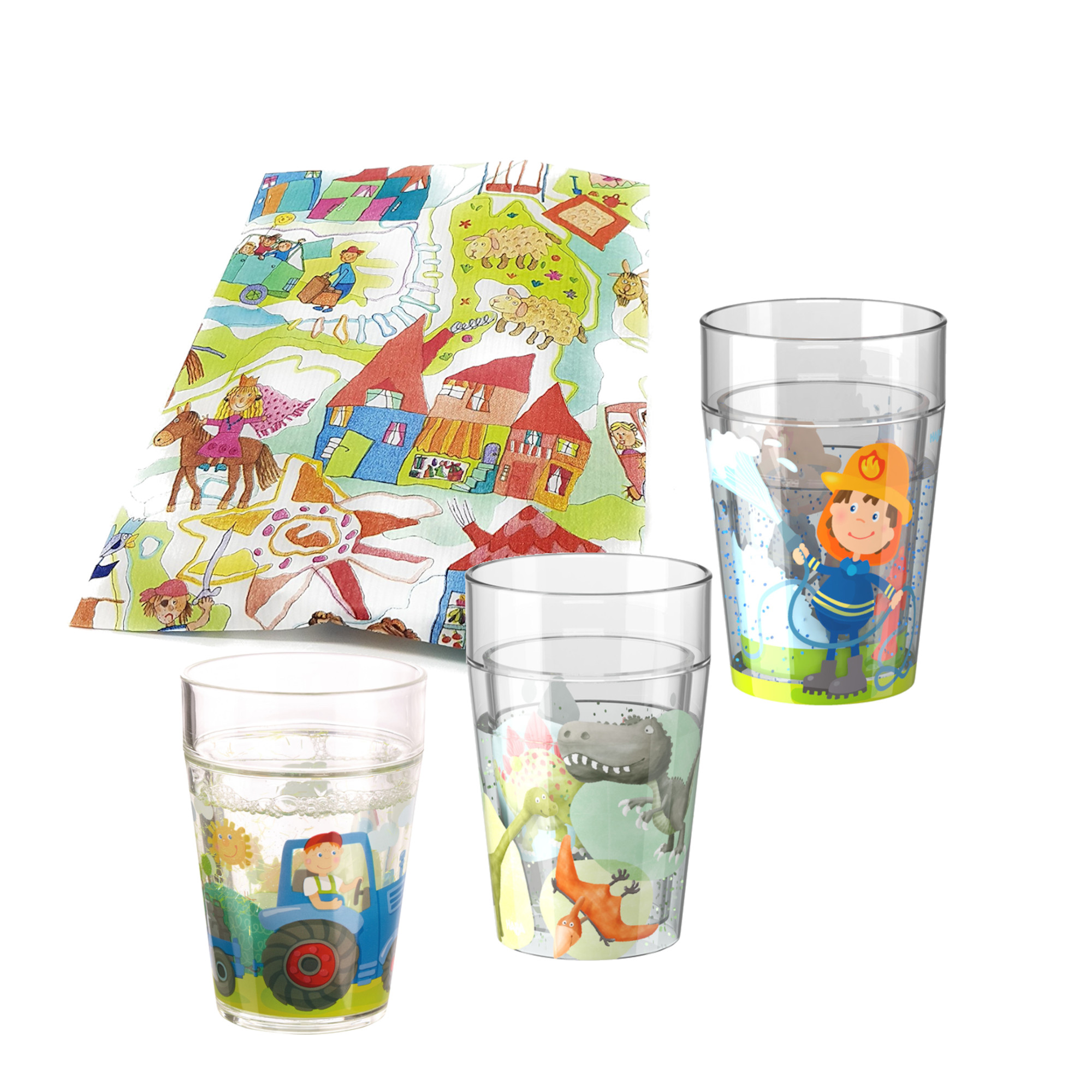 HABA Glitzerbecher-Set Dino, Traktor, Feuerwehr