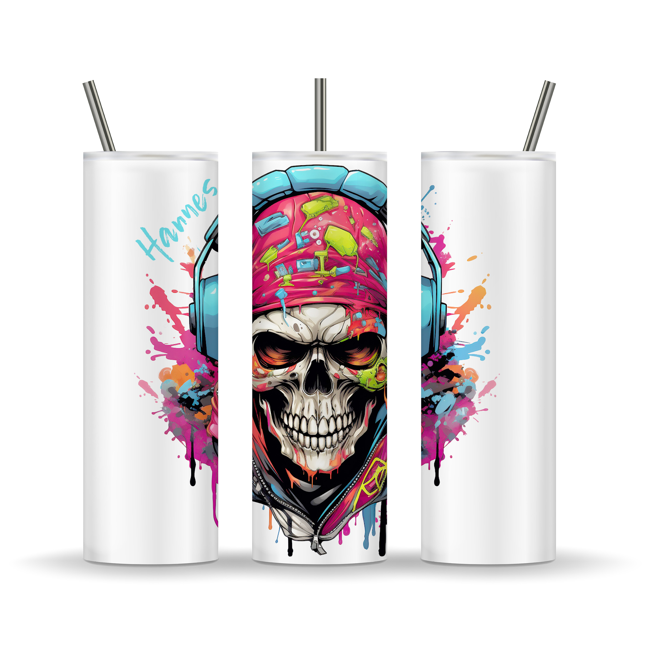Cooler Thermobecher Tumbler mit Totenkopf mit Kopfhörer