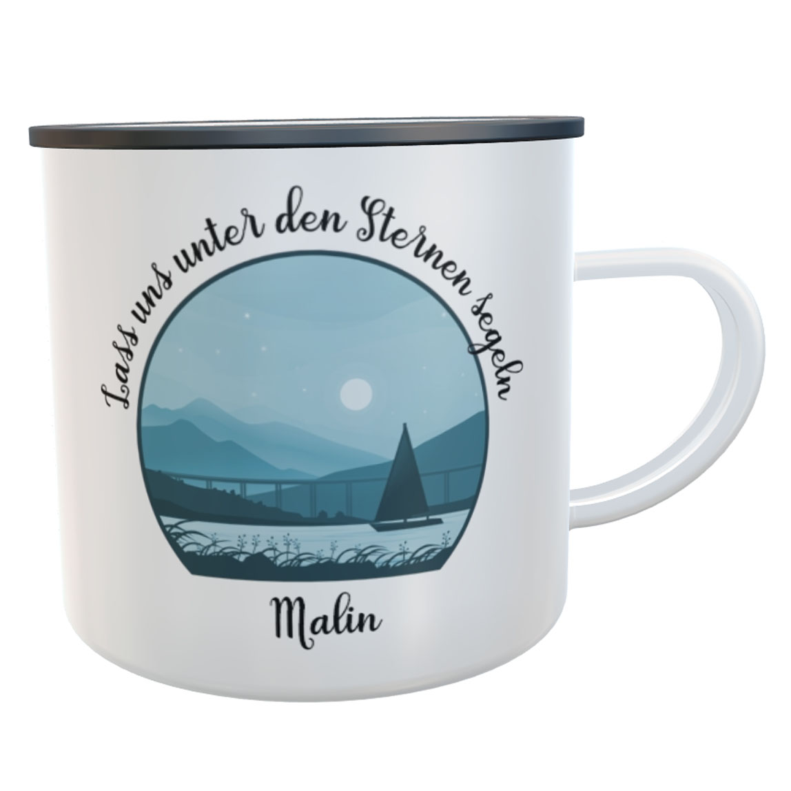 personalisierte Emaille-Tasse Sternenhimmel Segelboot Spruch Lass uns unter den Sternen segeln