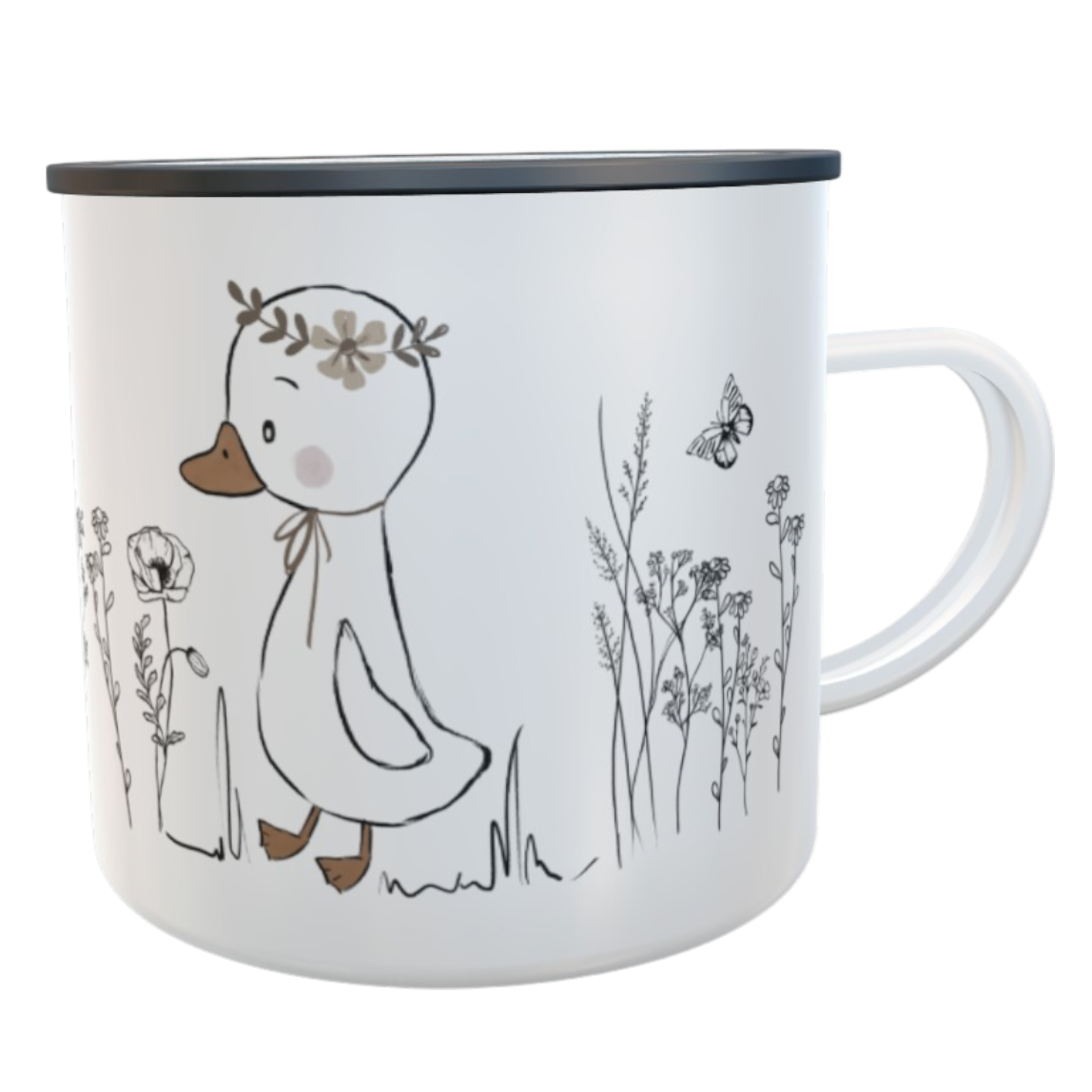 Emaille-Tasse personalisiert – Ente im Wildblumenfeld