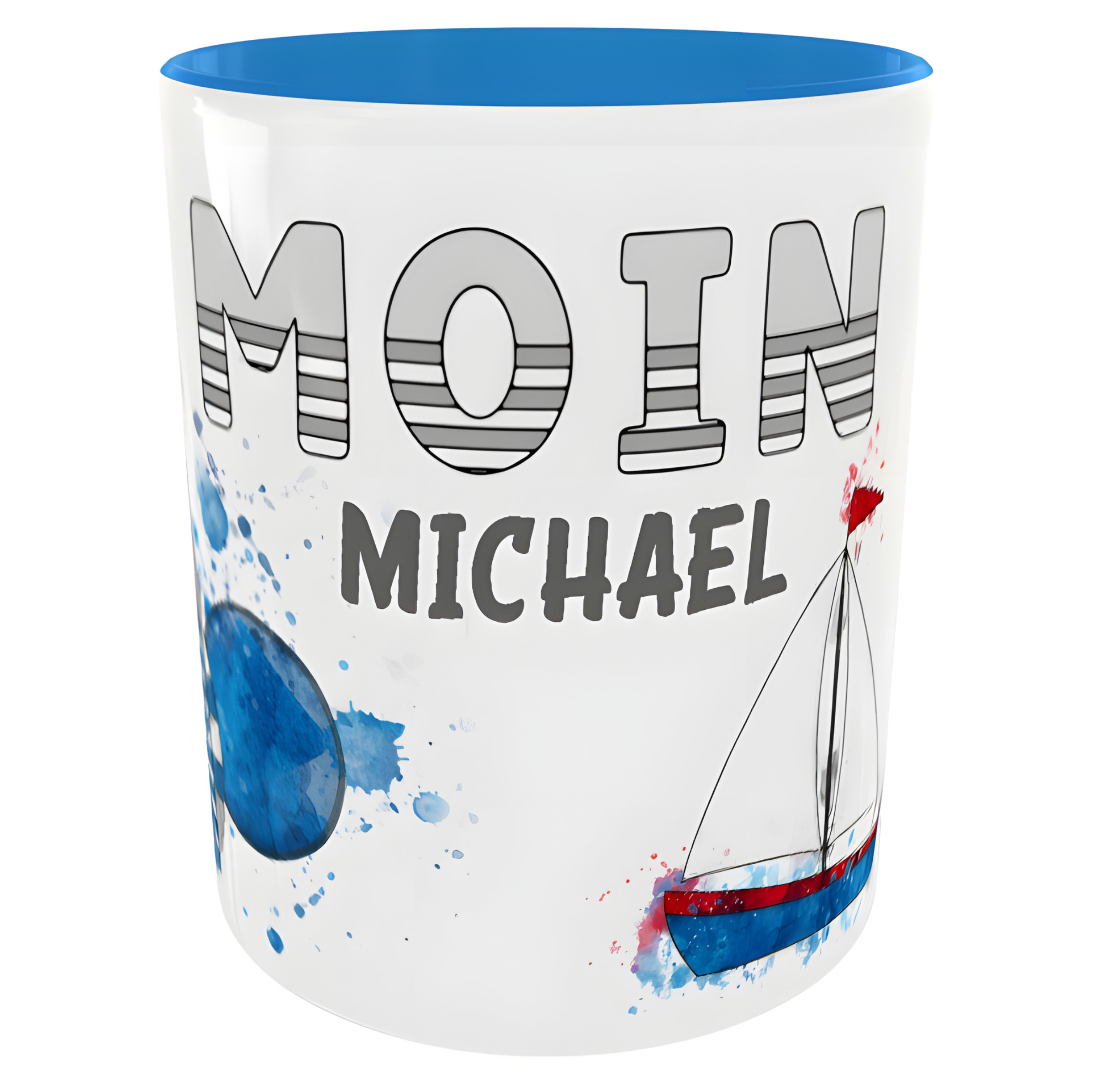 Personalisierbare Küstenzauber-Tasse Moin ... - Maritime Keramik-Kaffeetasse, Motiv Leuchtturm & Seefahrt, 300ml