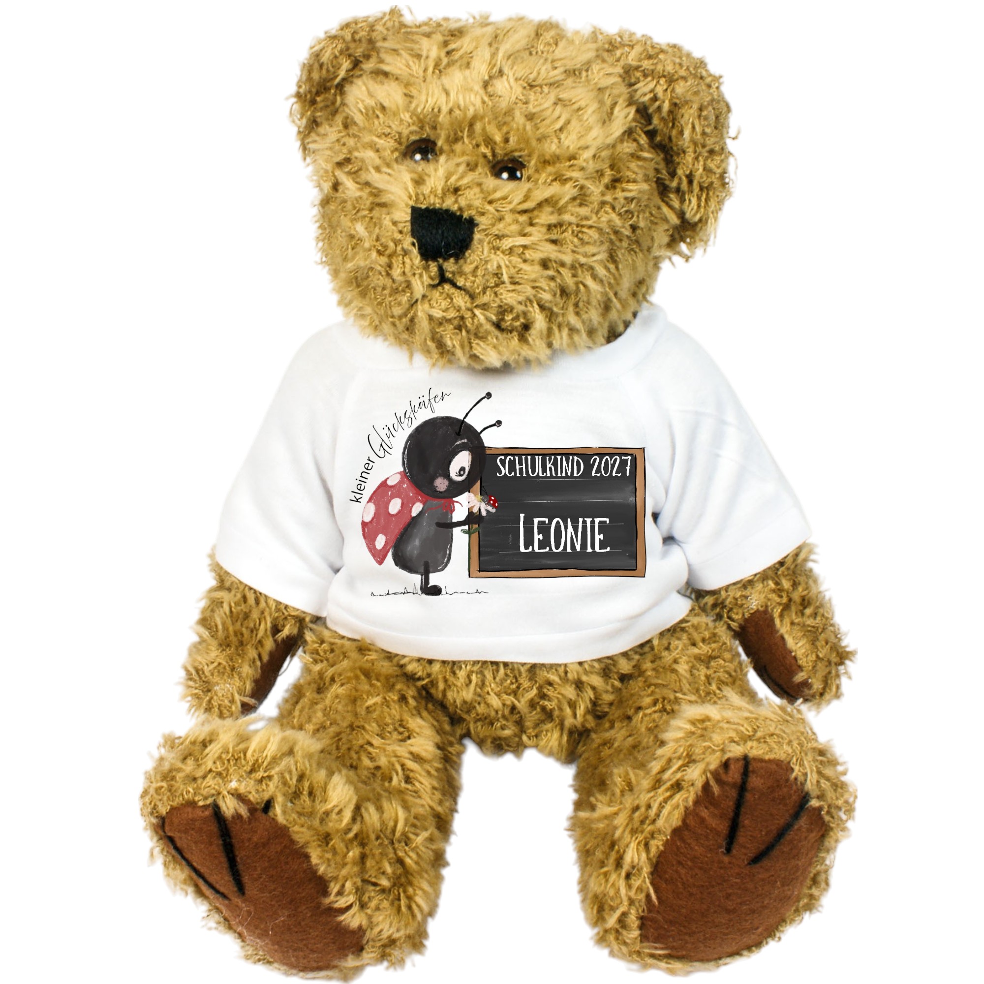 Teddybär Einschulung Motiv Glückskäfer – Plüschtier mit Name & Schulkind 2025